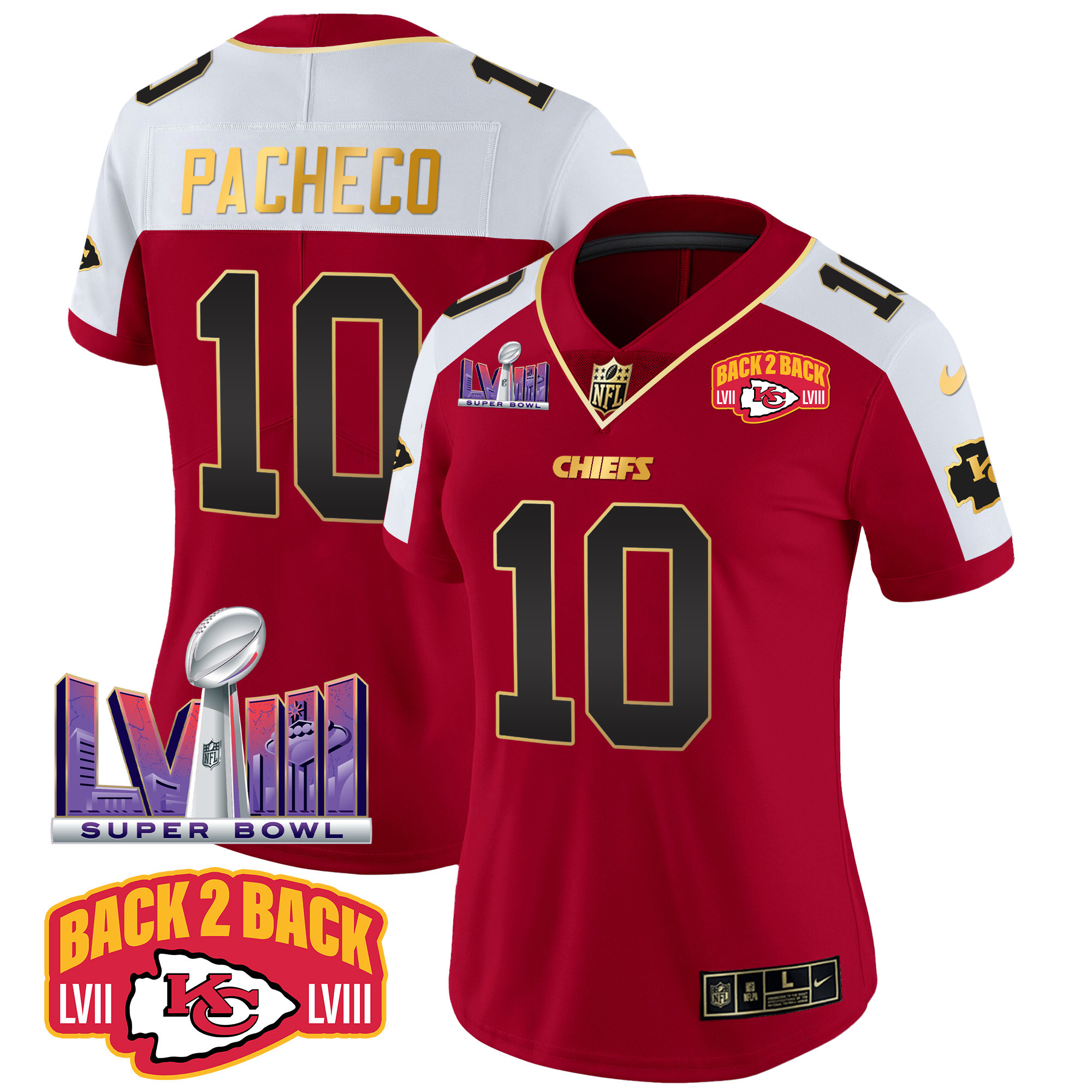 Isiah Pacheco Women's Kansas City Chiefs Super Bowl LVIII & Back 2 Back Patch Vapor Red Alternate Jersey - All Stitched