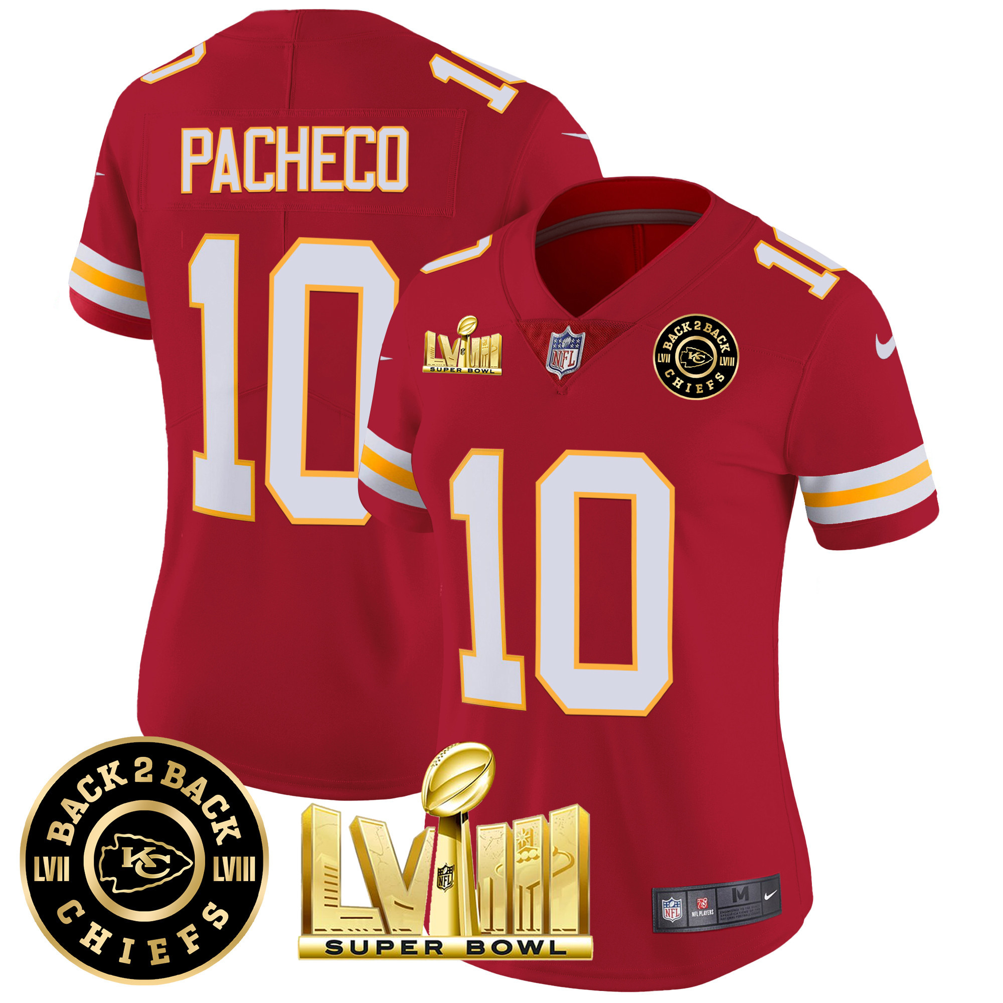 Isiah Pacheco Women's Kansas City Chiefs Super Bowl LVIII & Back 2 Back Patch Vapor Red Jersey - All Stitched