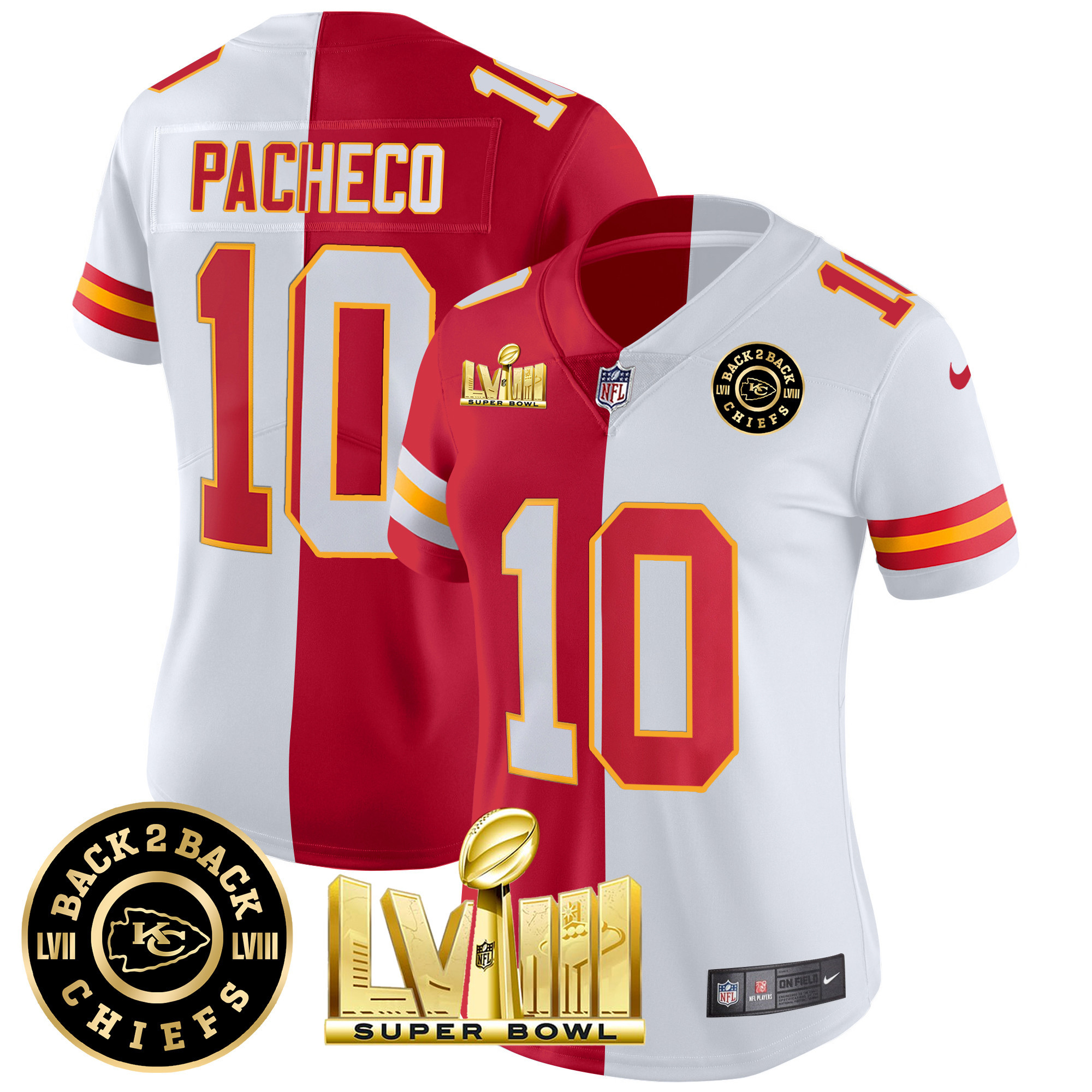 Isiah Pacheco Women's Kansas City Chiefs Super Bowl LVIII & Back 2 Back Patch Vapor Split Jersey - All Stitched
