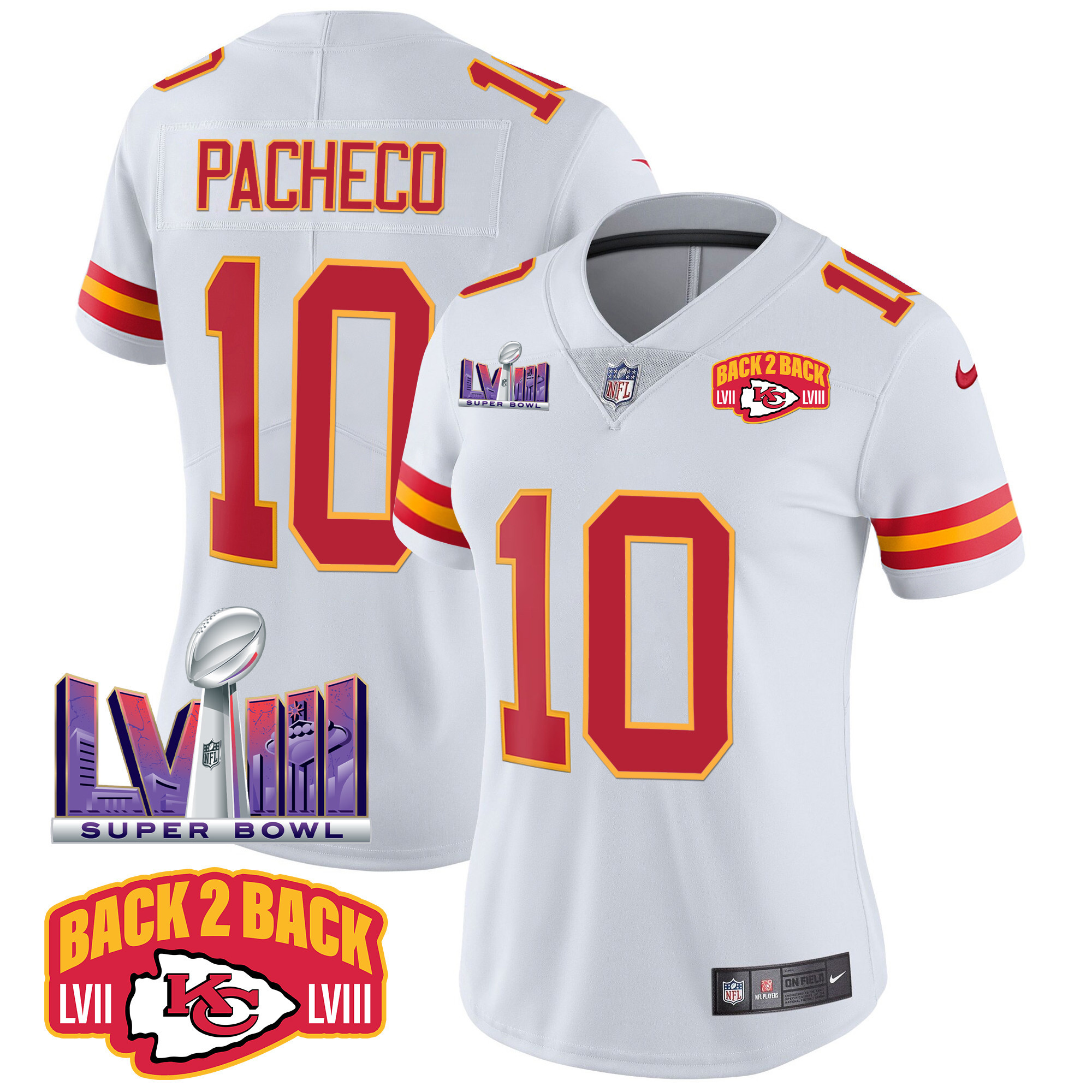 Isiah Pacheco Women's Kansas City Chiefs Super Bowl LVIII & Back 2 Back Patch Vapor White Jersey - All Stitched