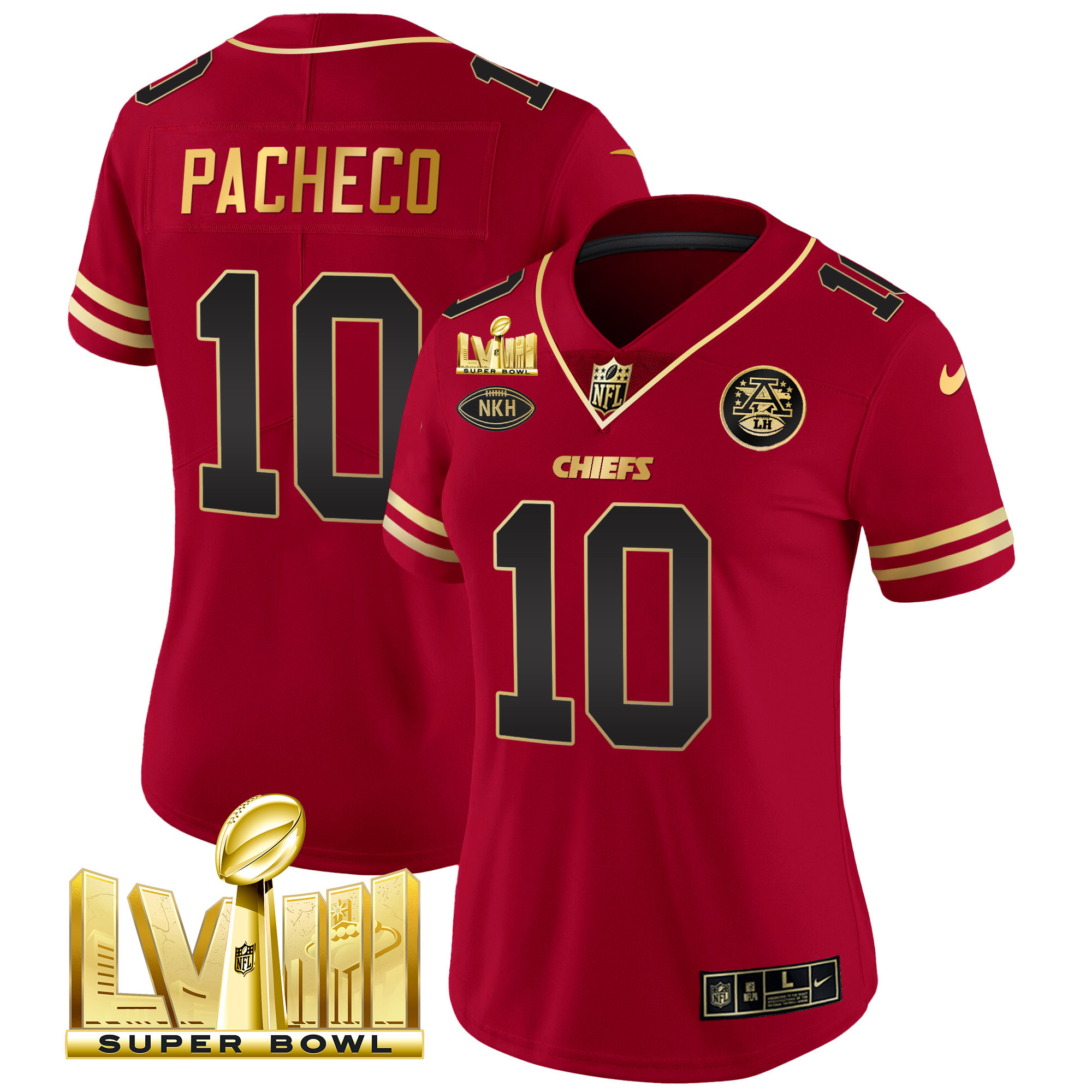 Isiah Pacheco Women's Kansas City Chiefs Super Bowl LVIII Gold Patch Vapor Black Red Jersey - All Stitched