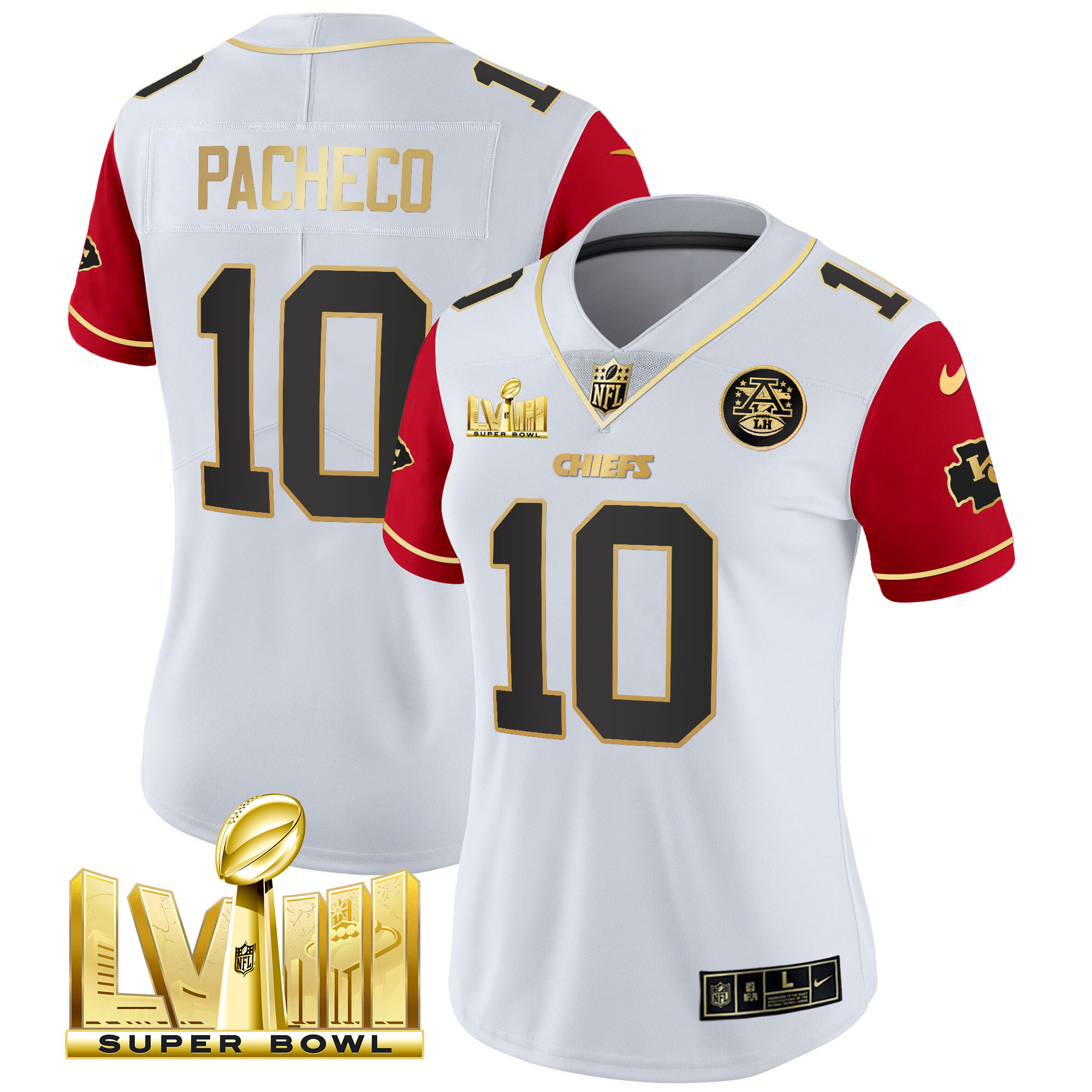 Isiah Pacheco Women's Kansas City Chiefs Super Bowl LVIII Gold Patch Vapor Color Sleeves Jersey - All Stitched