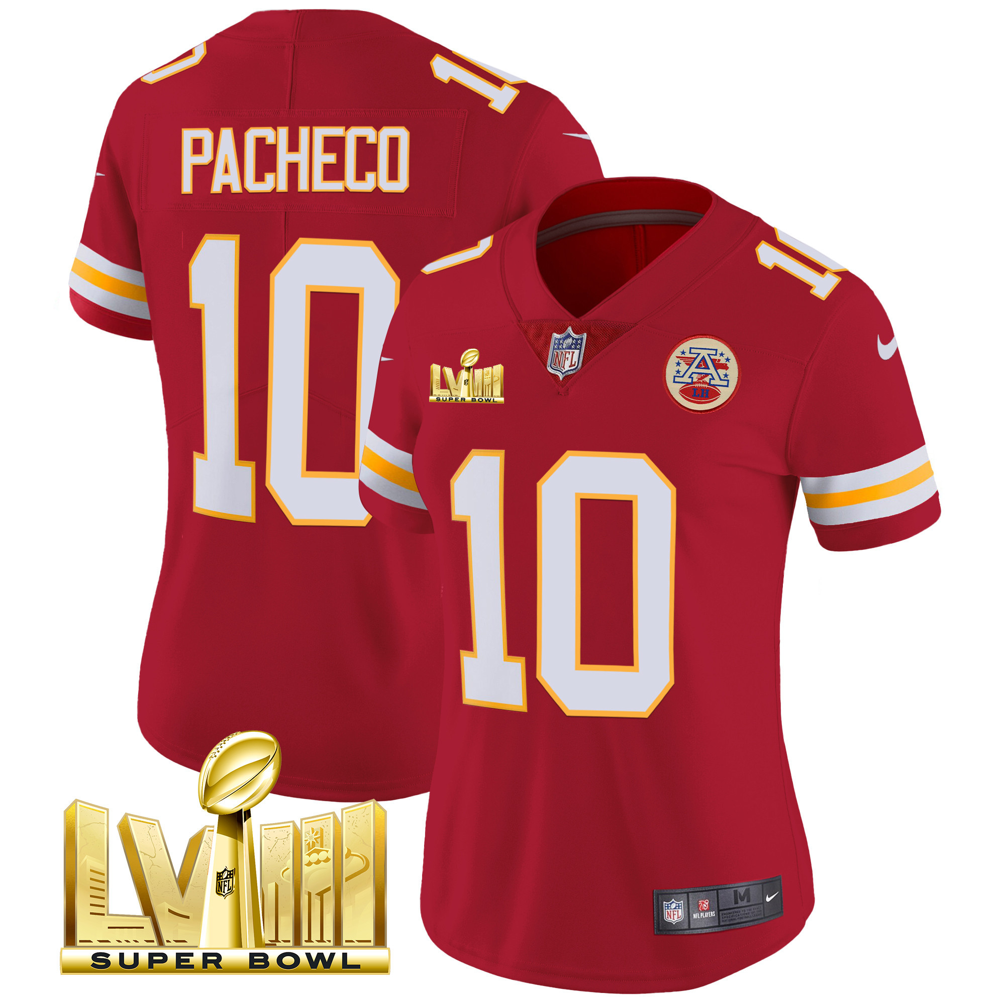 Isiah Pacheco Women's Kansas City Chiefs Super Bowl LVIII Gold Patch Vapor Red Jersey - All Stitched