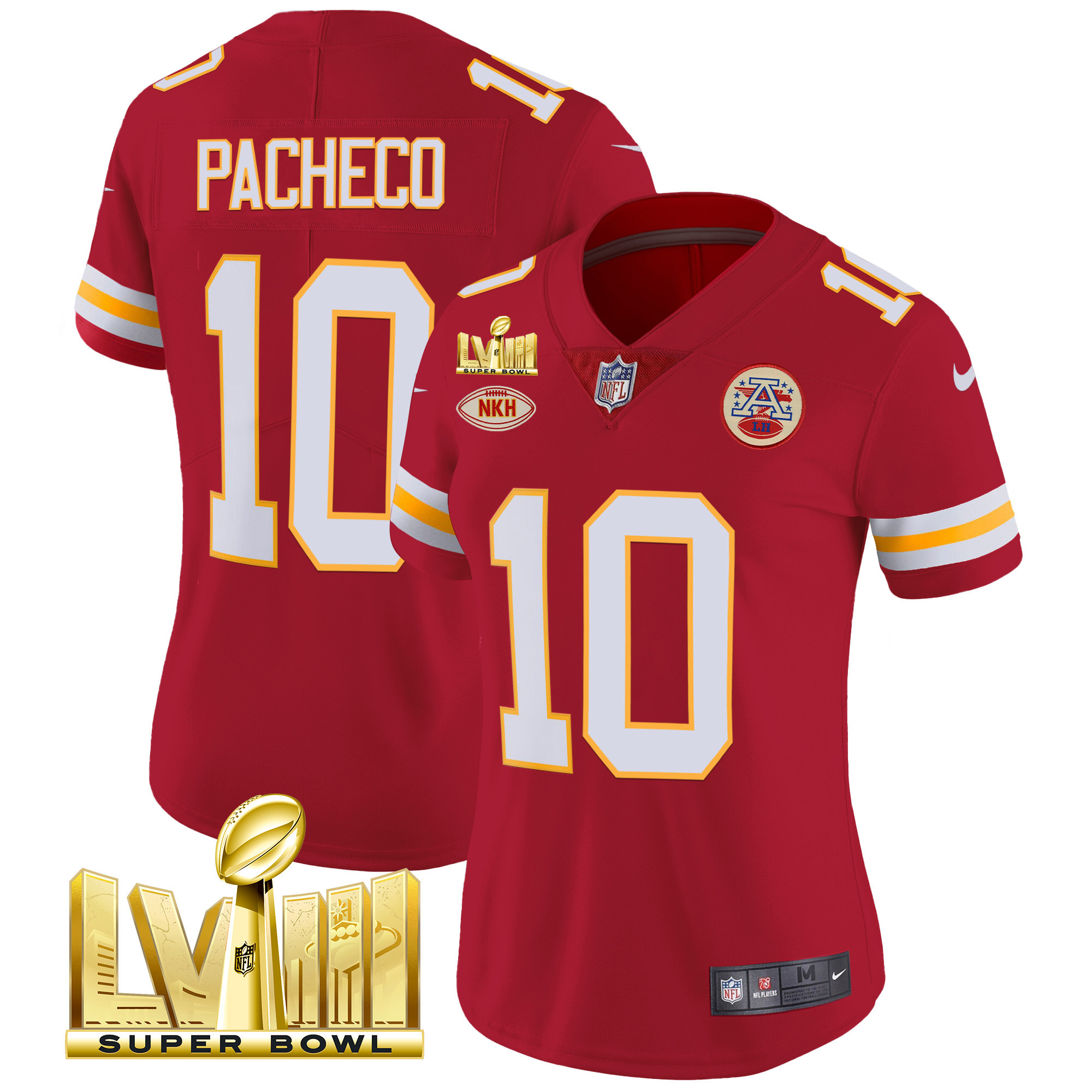 Isiah Pacheco Women's Kansas City Chiefs Super Bowl LVIII Gold Patch Vapor Red Jersey - All Stitched