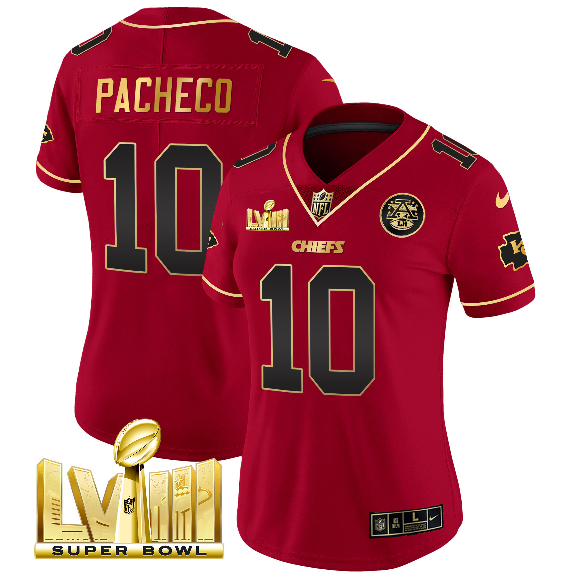 Isiah Pacheco Women's Kansas City Chiefs Super Bowl LVIII Gold Patch Vapor Red Special Jersey - All Stitched