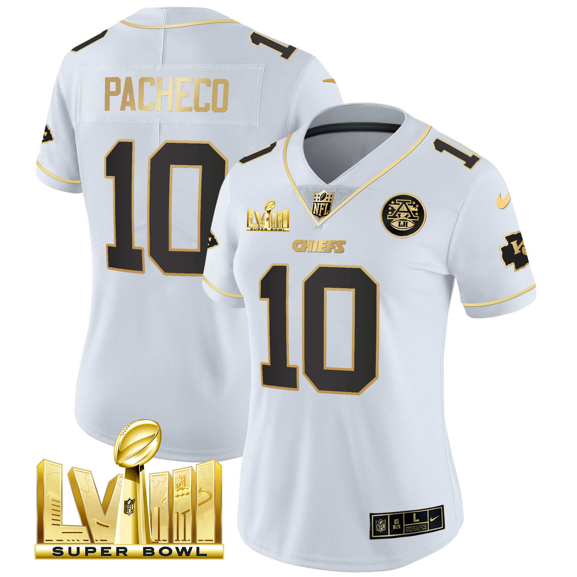 Isiah Pacheco Women's Kansas City Chiefs Super Bowl LVIII Gold Patch Vapor White Gold Jersey - All Stitched