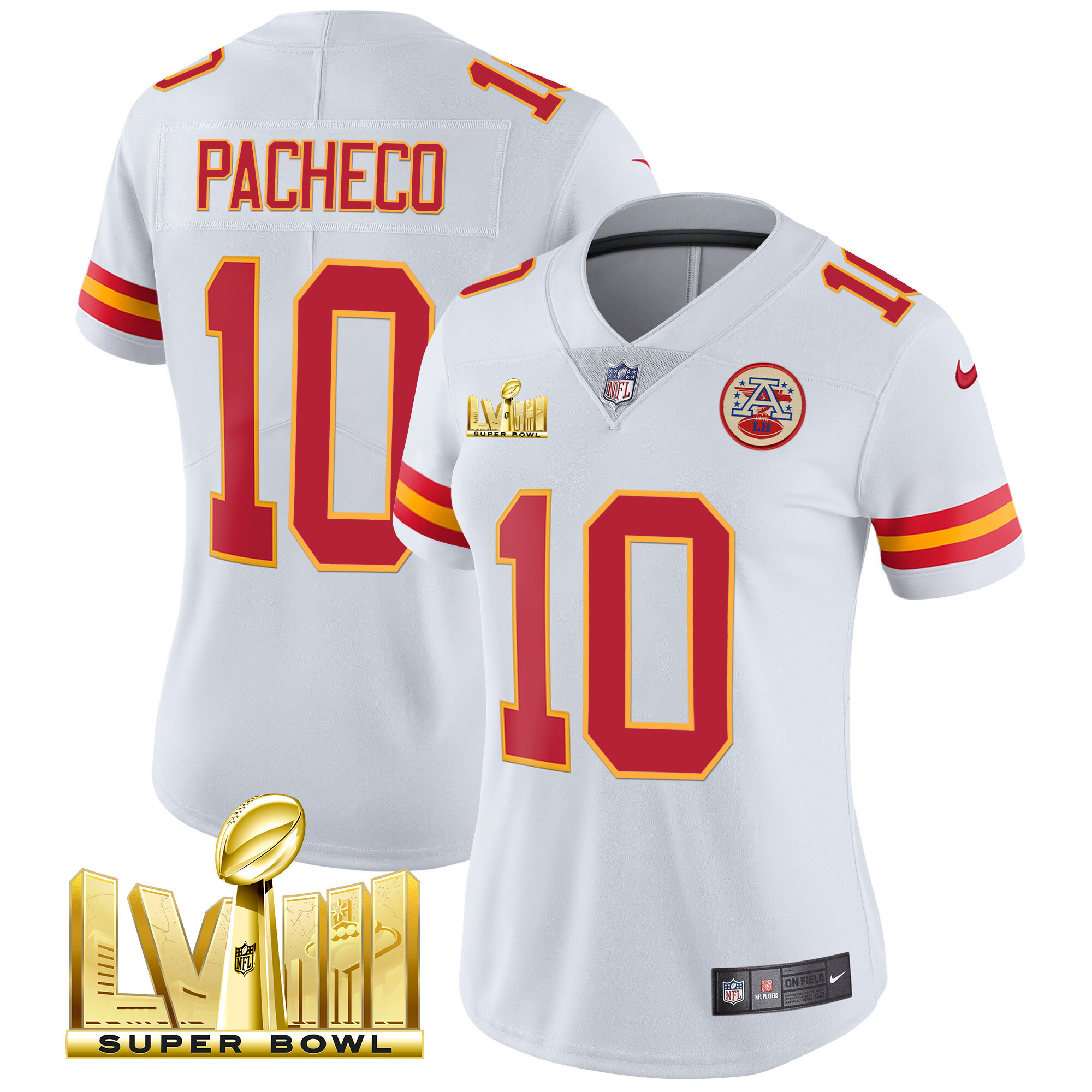 Isiah Pacheco Women's Kansas City Chiefs Super Bowl LVIII Gold Patch Vapor White Jersey - All Stitched