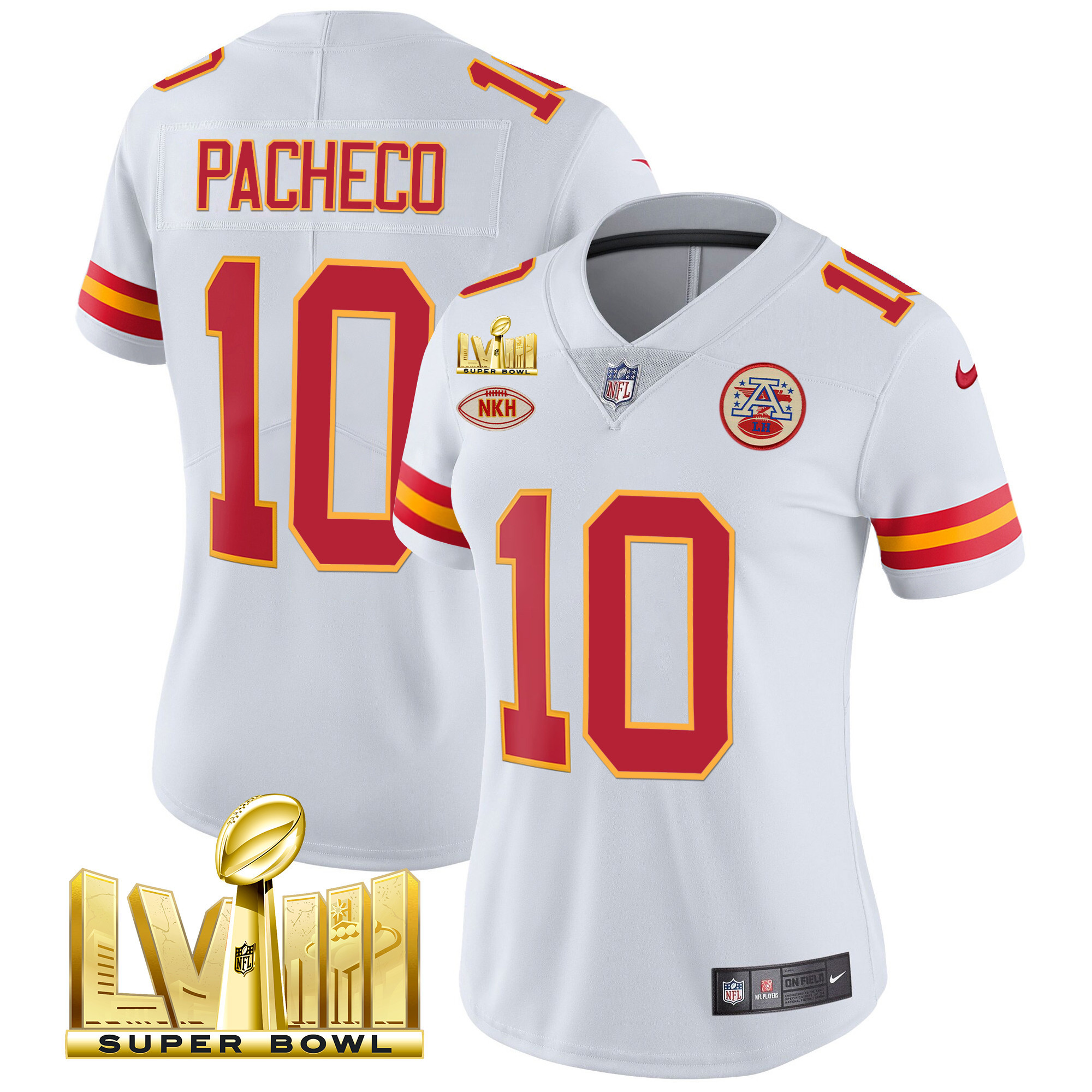 Isiah Pacheco Women's Kansas City Chiefs Super Bowl LVIII Gold Patch Vapor White Jersey - All Stitched