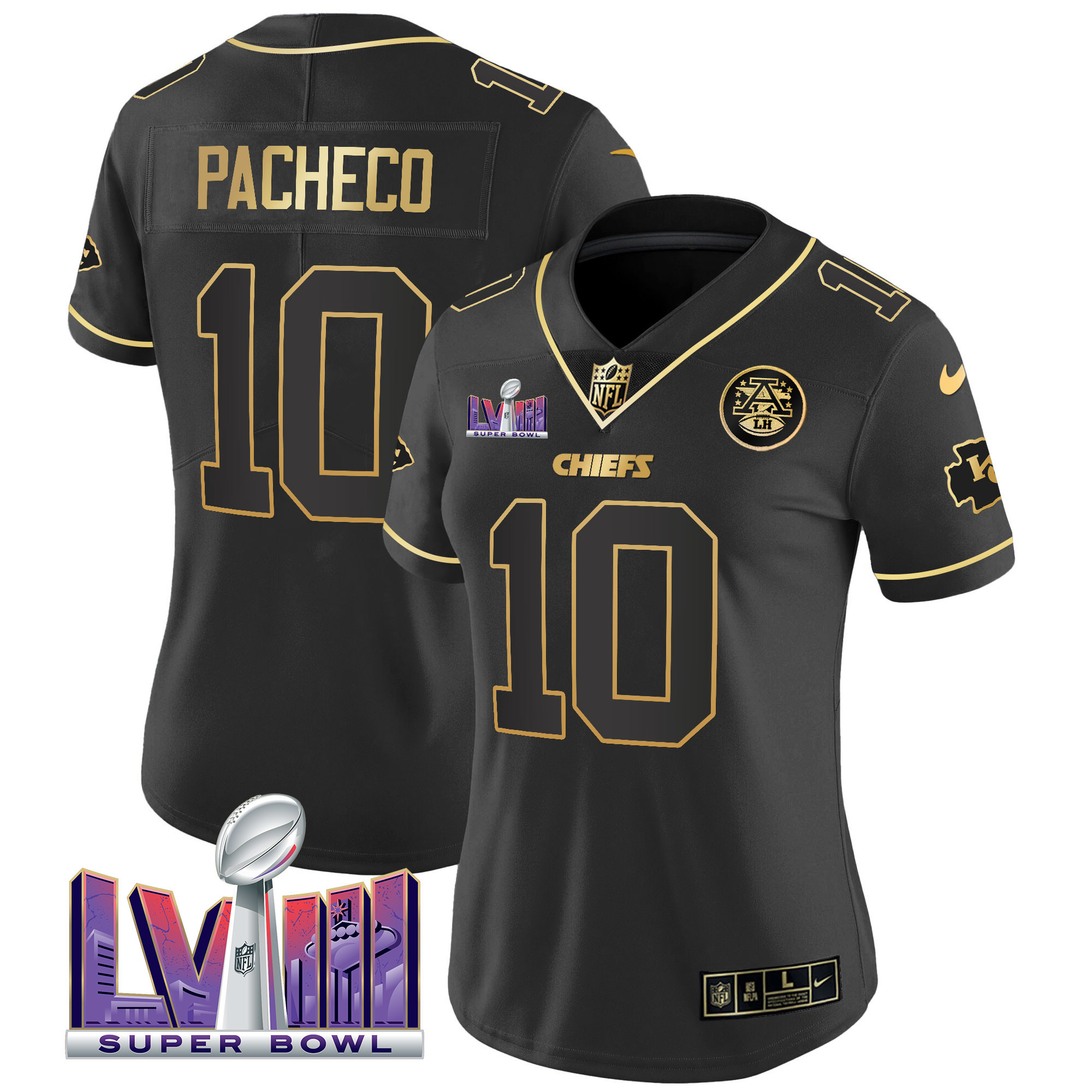 Isiah Pacheco Women's Kansas City Chiefs Super Bowl LVIII Patch Vapor Black Gold Jersey - All Stitched
