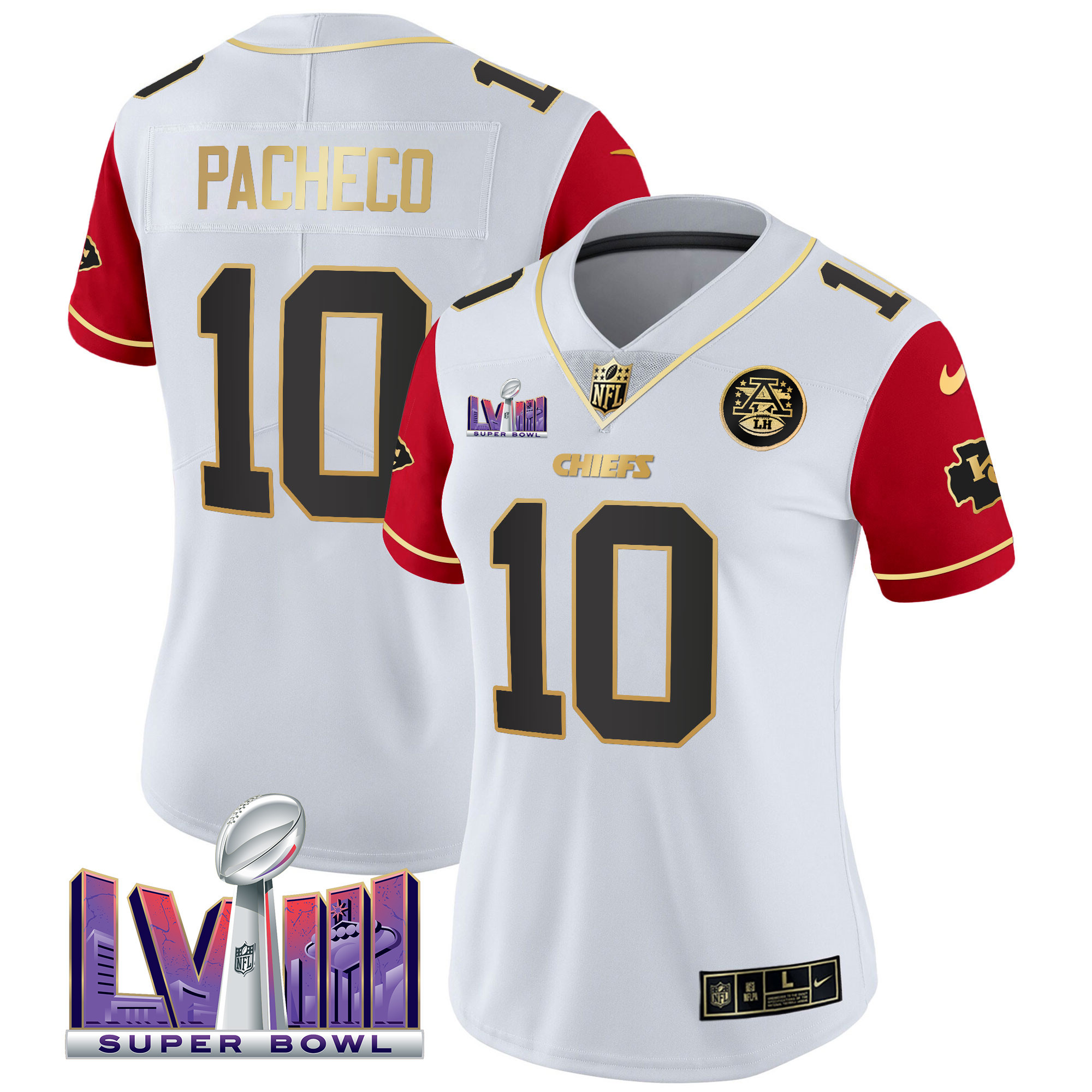 Isiah Pacheco Women's Kansas City Chiefs Super Bowl LVIII Patch Vapor Color Sleeves Jersey - All Stitched