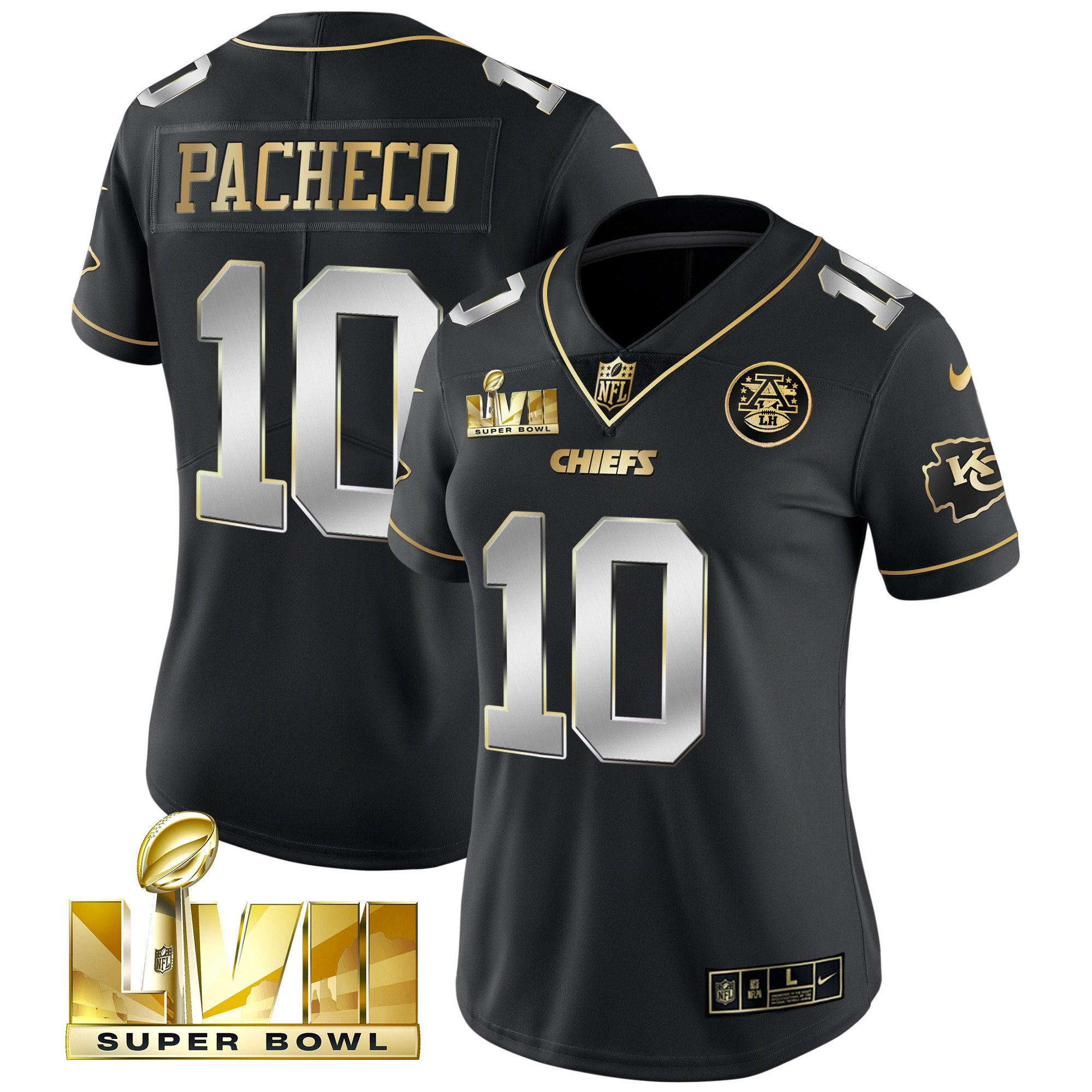 Isiah Pacheco Women's Kansas City Chiefs Super Bowl Vapor Gold Black Limited Jersey - All Stitched