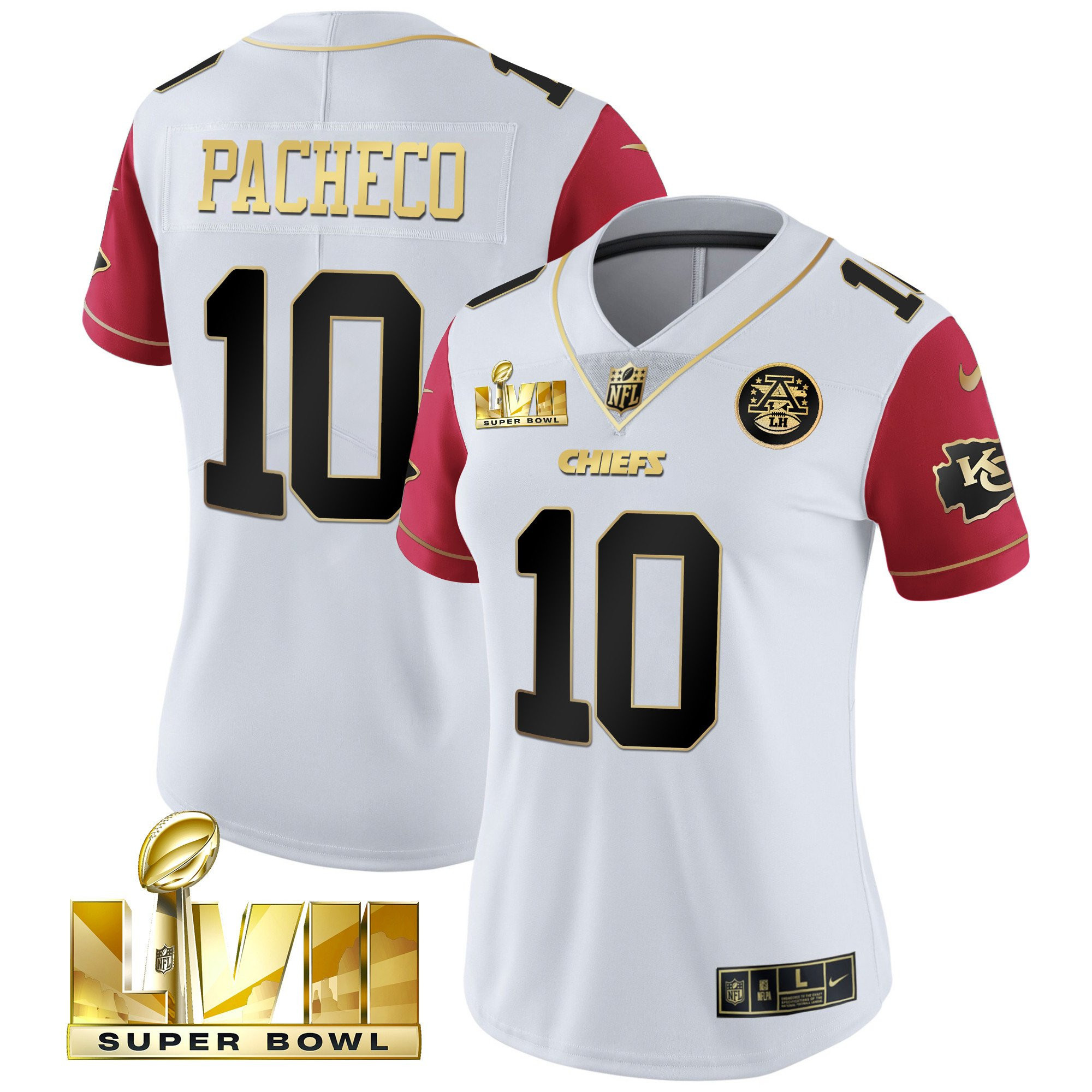 Isiah Pacheco Women's Kansas City Chiefs Super Bowl Vapor Gold Color Sleeve Jersey - All Stitched