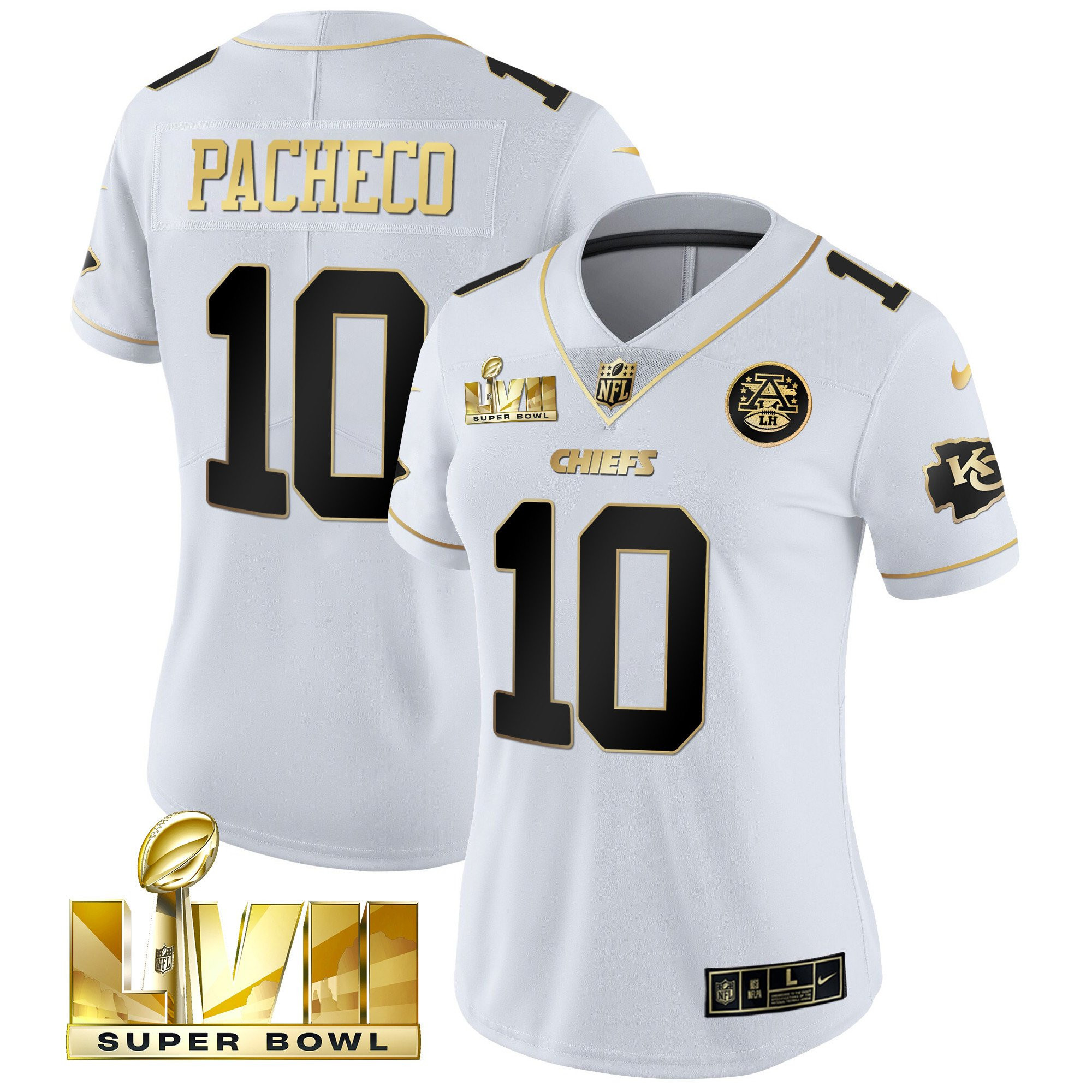 Isiah Pacheco Women's Kansas City Chiefs Super Bowl Vapor Gold White Gold Jersey - All Stitched