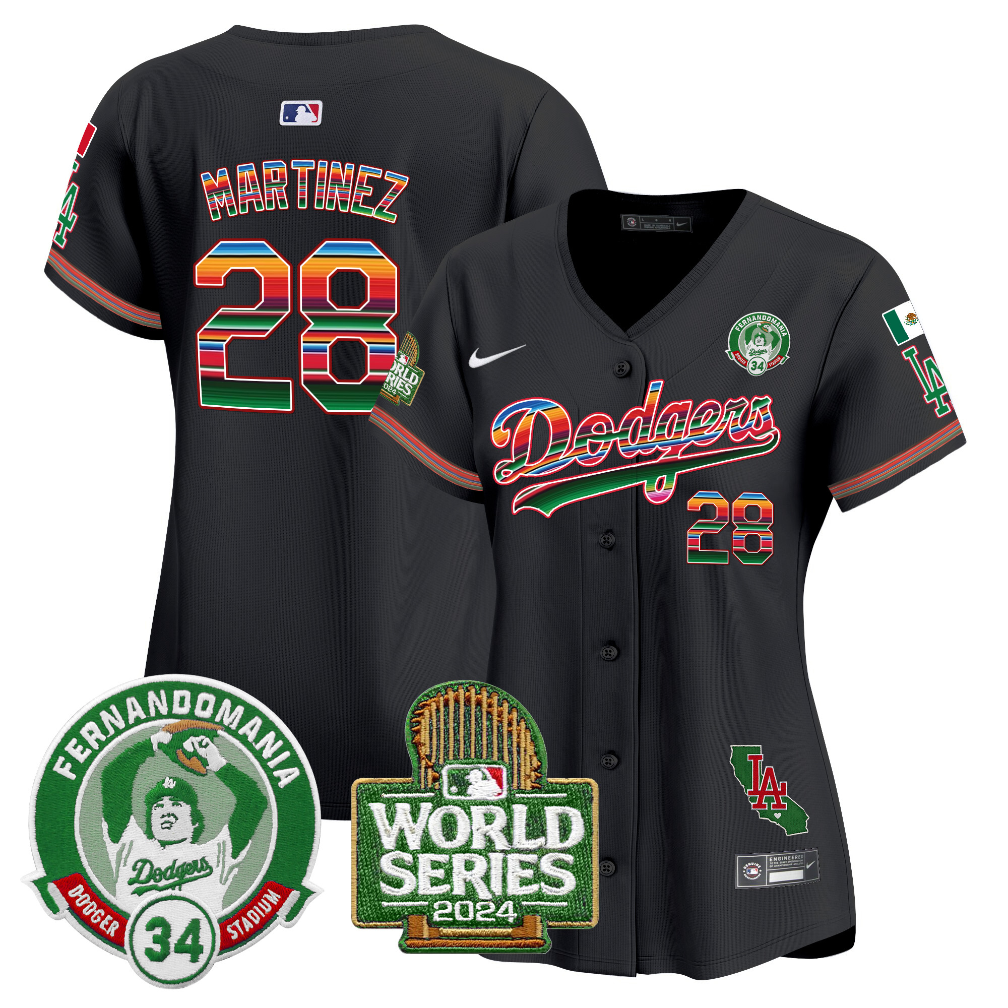 J.D. Martinez Women's Los Angeles Dodgers Mexico Fernando Valenzuela & 2024 World Series Patch Vapor Premier Limited Black Jersey - All Stitched