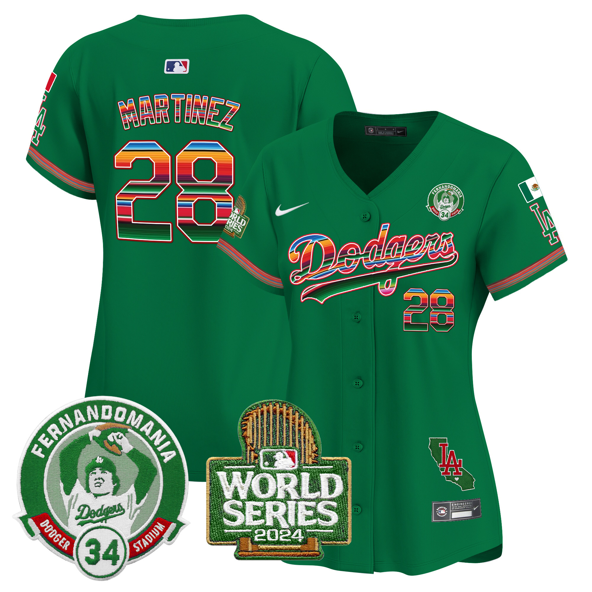 J.D. Martinez Women's Los Angeles Dodgers Mexico Fernando Valenzuela & 2024 World Series Patch Vapor Premier Limited Green Jersey - All Stitched