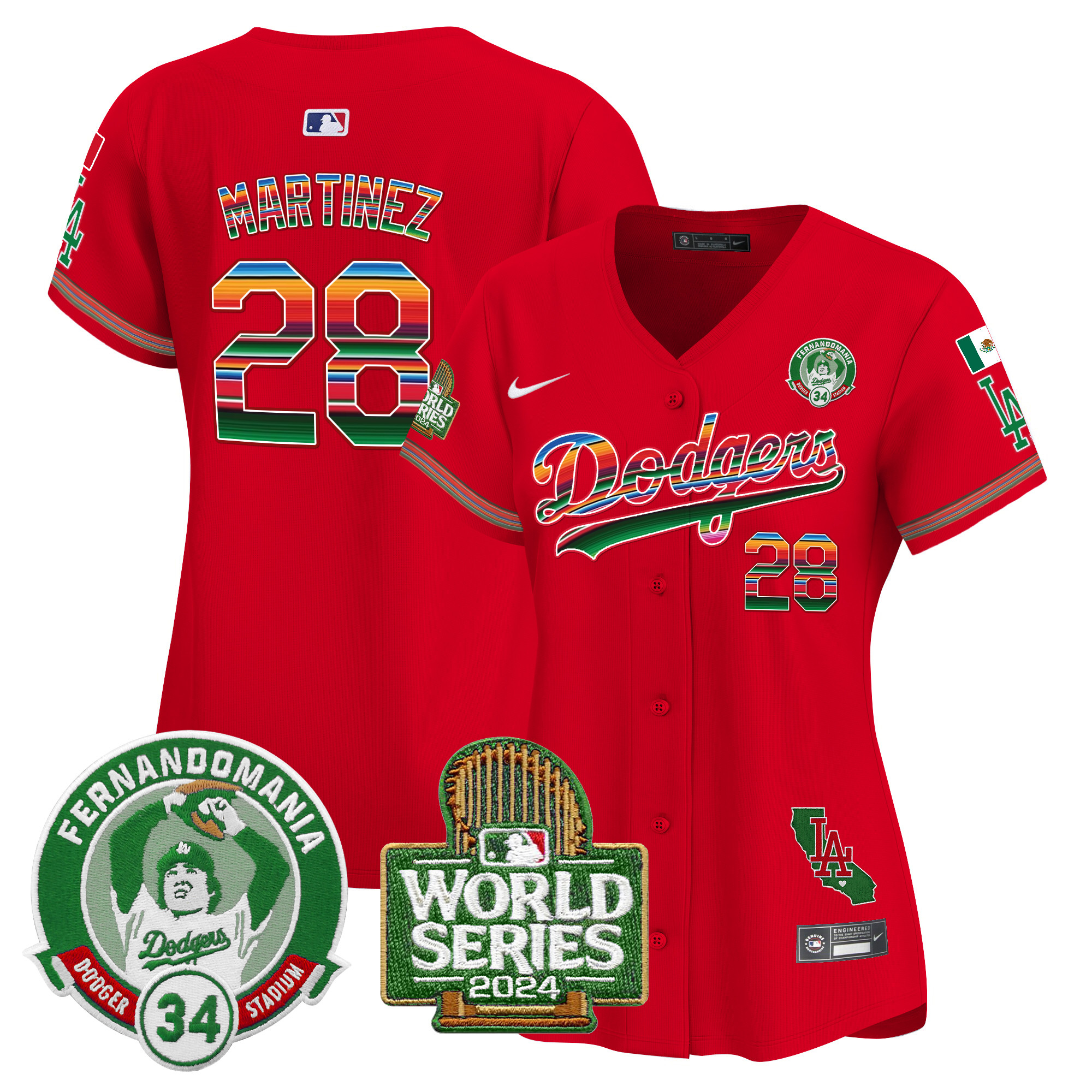 J.D. Martinez Women's Los Angeles Dodgers Mexico Fernando Valenzuela & 2024 World Series Patch Vapor Premier Limited Red Jersey - All Stitched