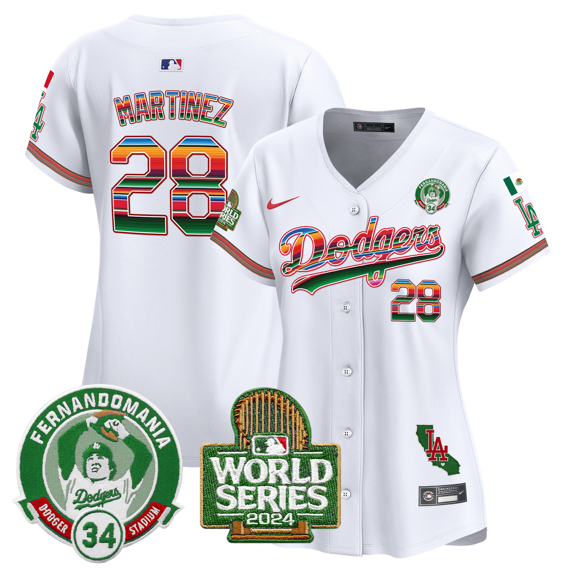 J.D. Martinez Women's Los Angeles Dodgers Mexico Fernando Valenzuela & 2024 World Series Patch Vapor Premier Limited White Jersey - All Stitched