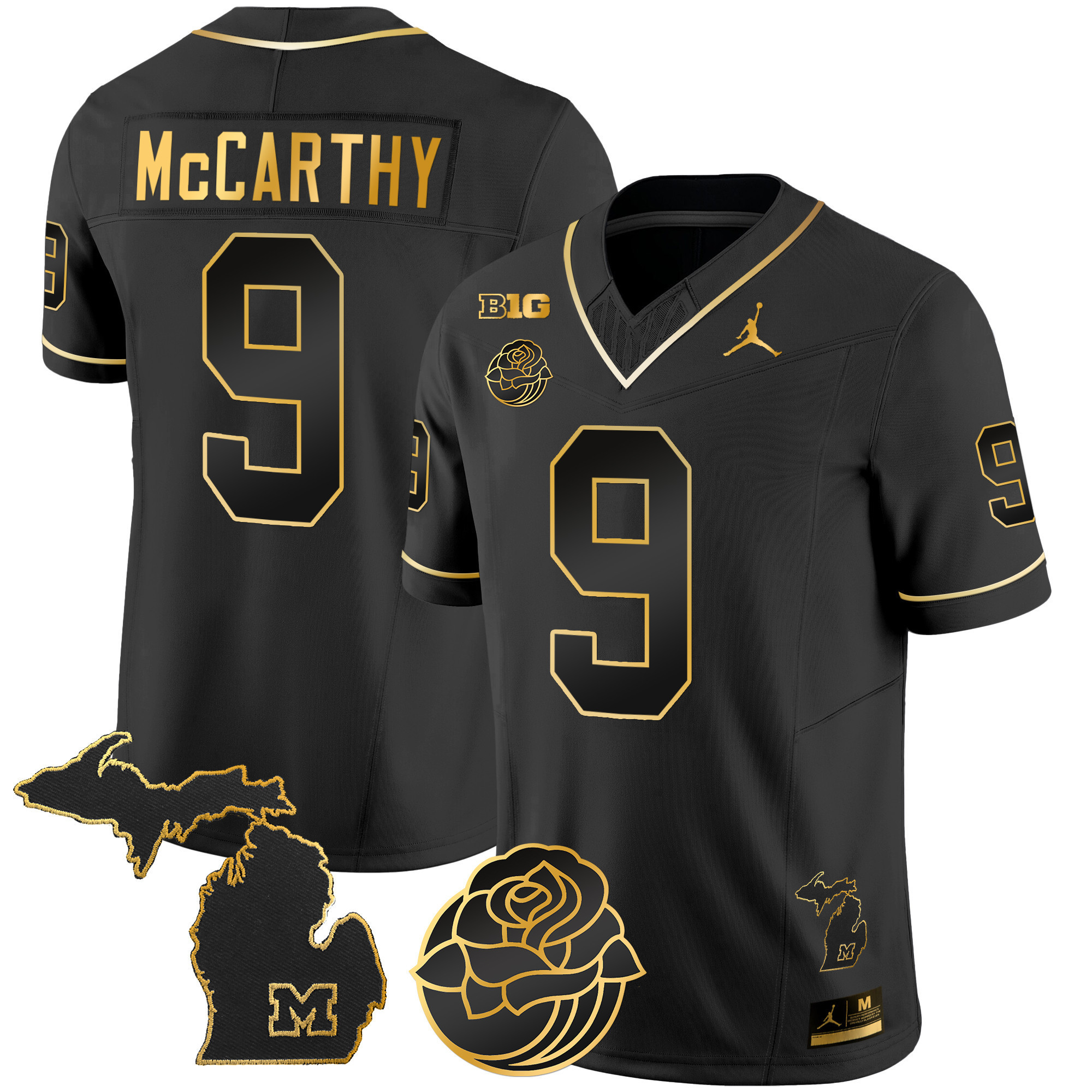 J.J. McCarthy Men's Michigan Wolverines Rose Bowl Patch Gold Vapor Black Gold Jersey - All Stitched