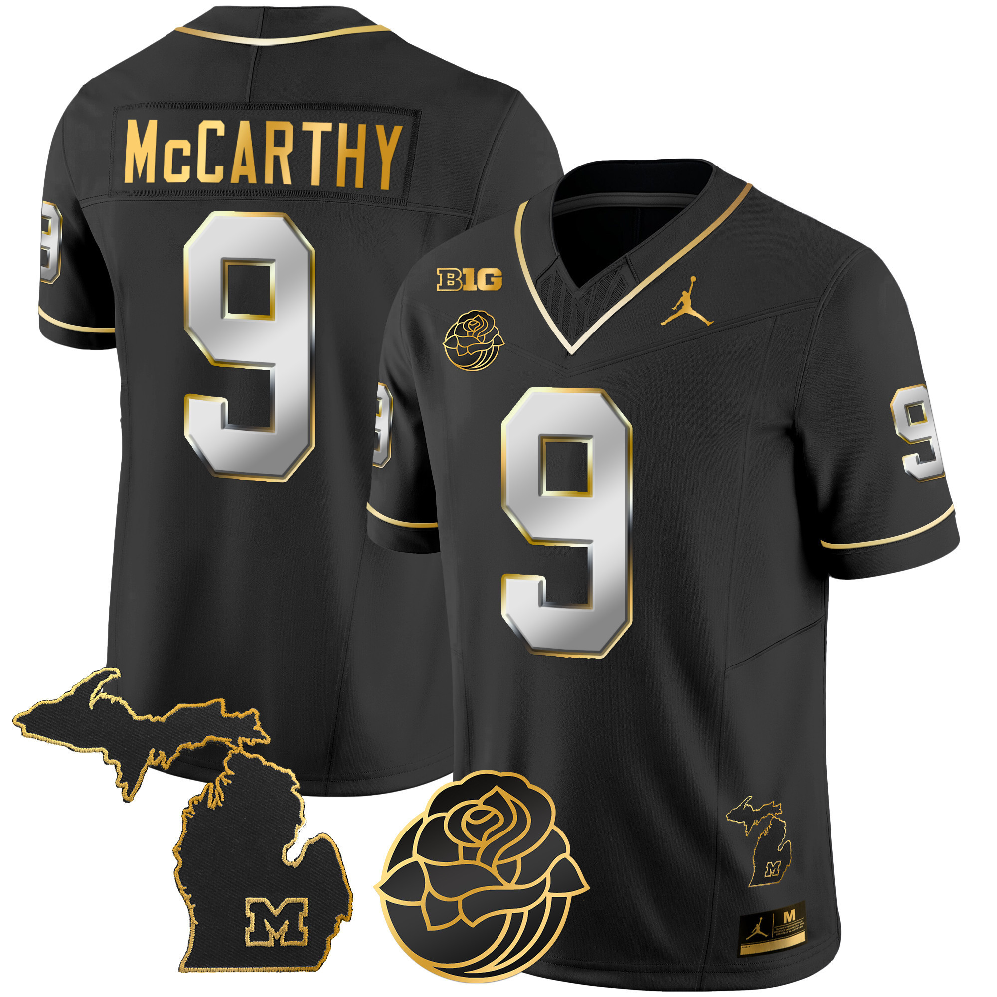 J.J. McCarthy Men's Michigan Wolverines Rose Bowl Patch Gold Vapor Black Limited Jersey - All Stitched
