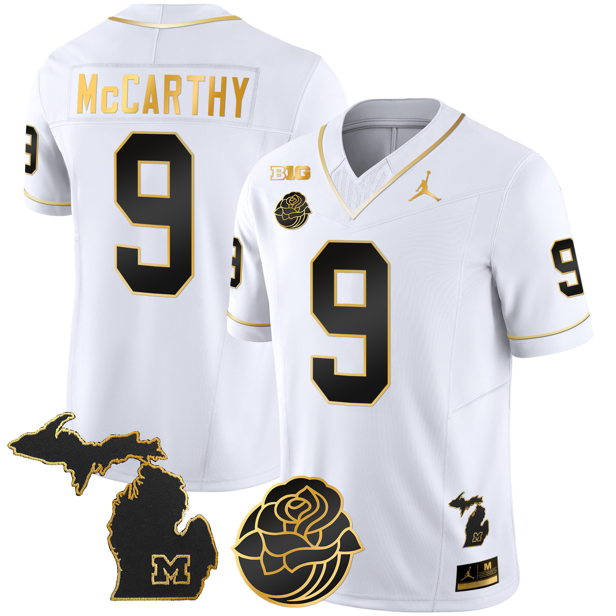 J.J. McCarthy Men's Michigan Wolverines Rose Bowl Patch Gold Vapor White Gold Jersey - All Stitched