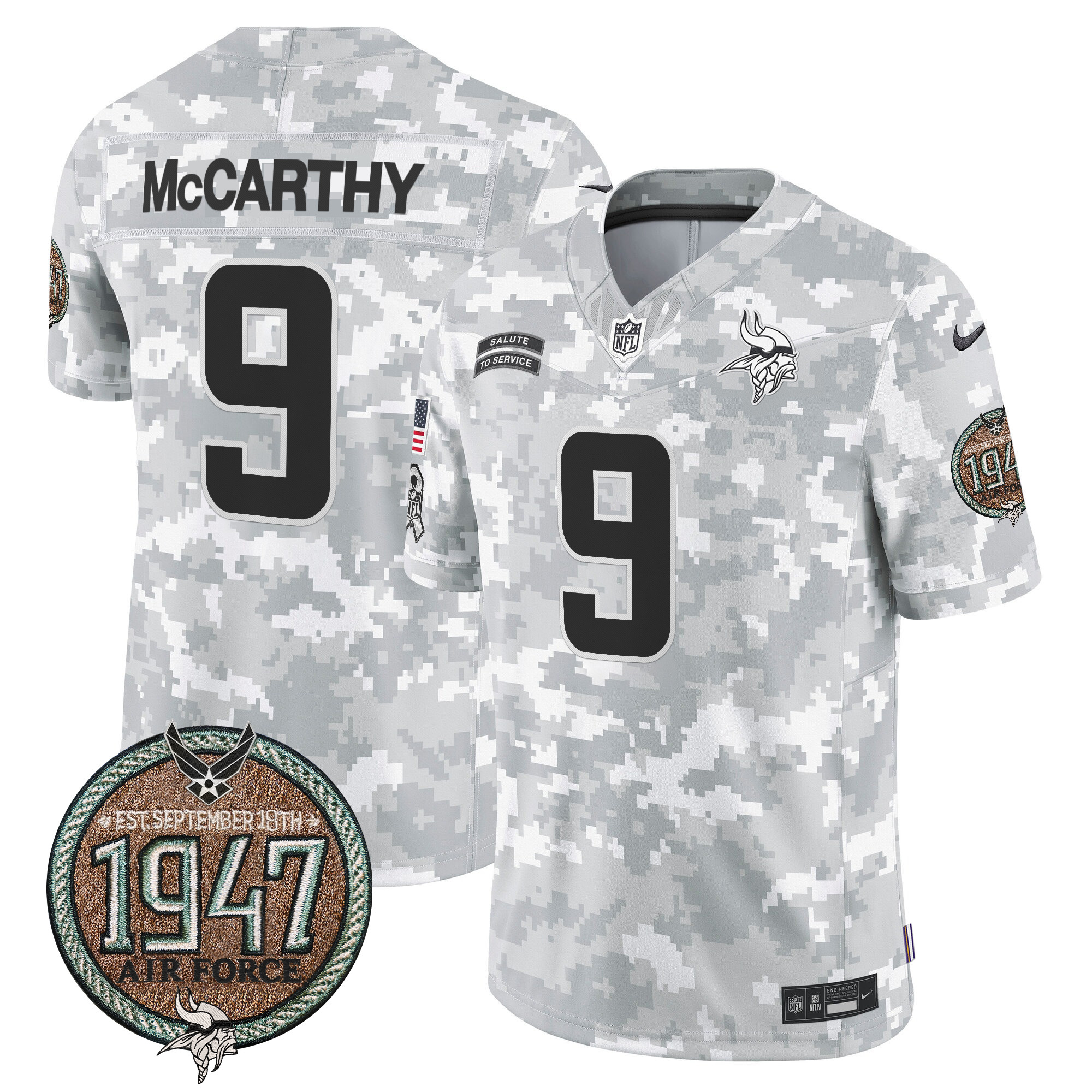 J.J. McCarthy Men's Minnesota Vikings 2024 Salute to Service Establishment Year Patch Vapor Limited Air Force Jersey - All Stitched