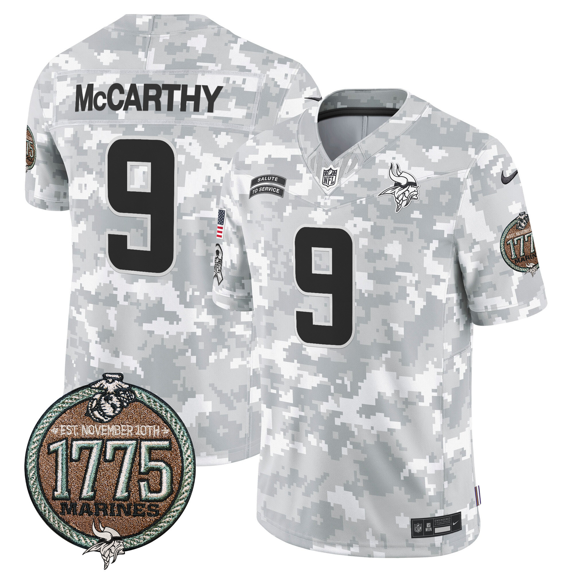 J.J. McCarthy Men's Minnesota Vikings 2024 Salute to Service Establishment Year Patch Vapor Limited Marines Jersey - All Stitched