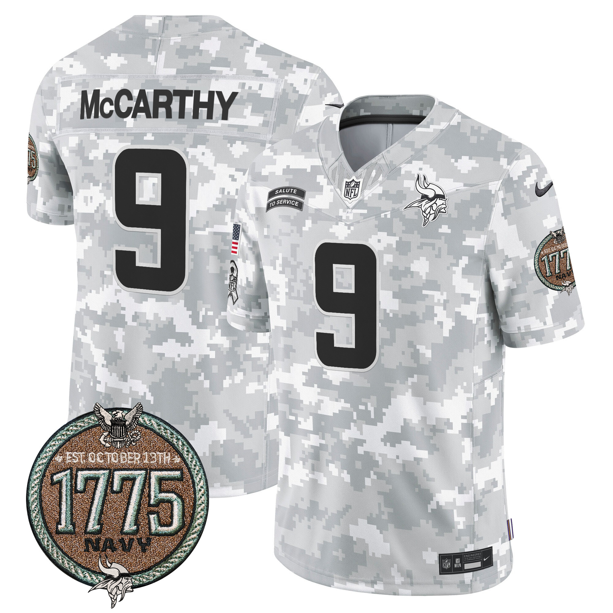 J.J. McCarthy Men's Minnesota Vikings 2024 Salute to Service Establishment Year Patch Vapor Limited Navy Jersey - All Stitched