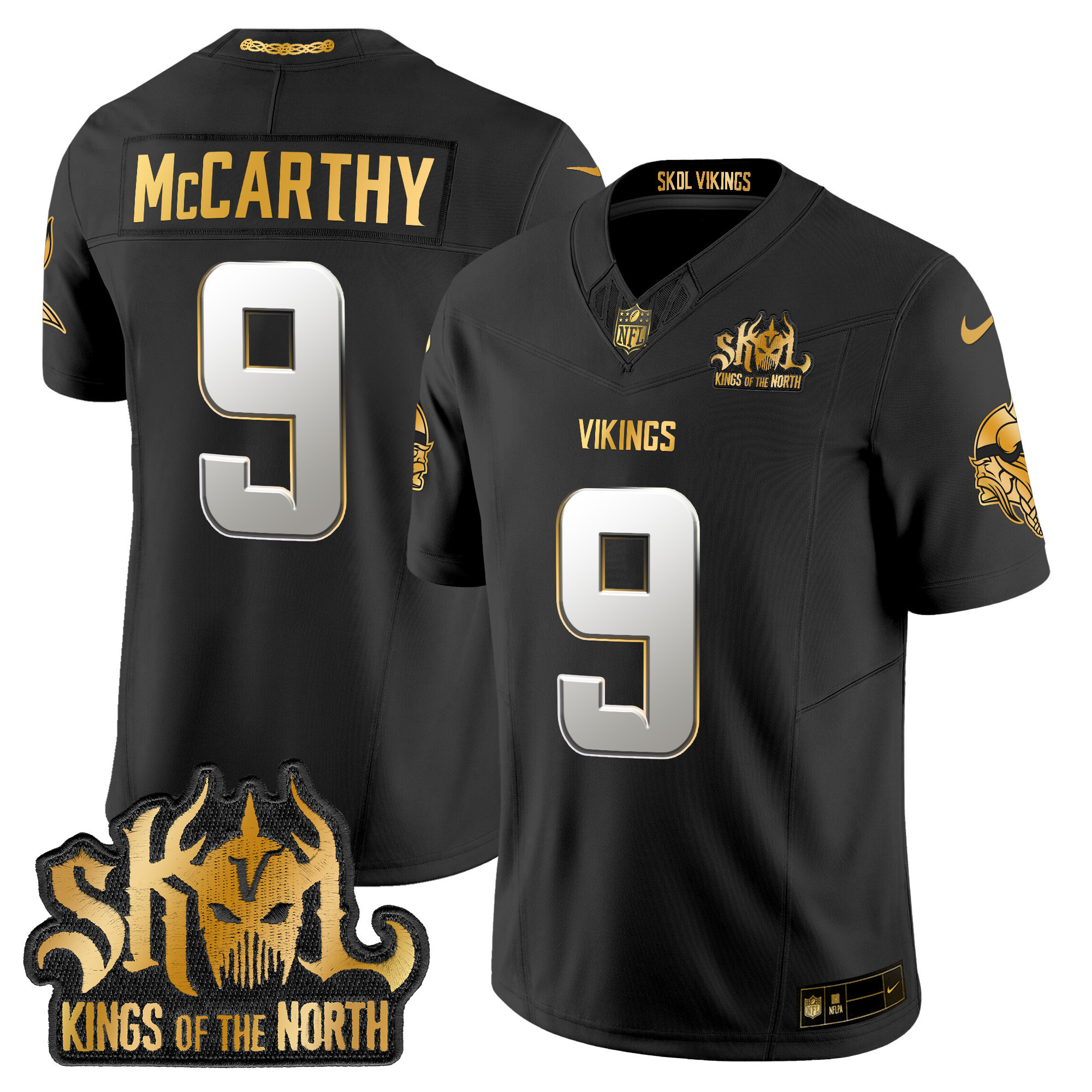 J.J. McCarthy Men's Minnesota Vikings 2024 Winter Warrior Skol Patch Gold Vapor Limited Black Limited Jersey - All Stitched