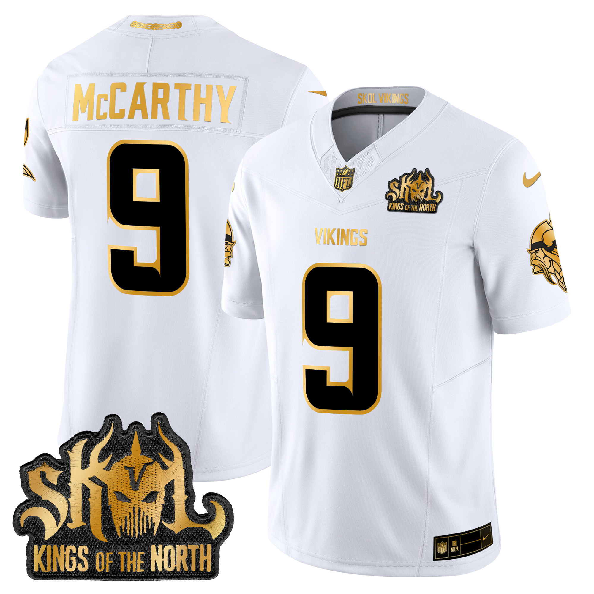 J.J. McCarthy Men's Minnesota Vikings 2024 Winter Warrior Skol Patch Gold Vapor Limited White Gold Jersey - All Stitched