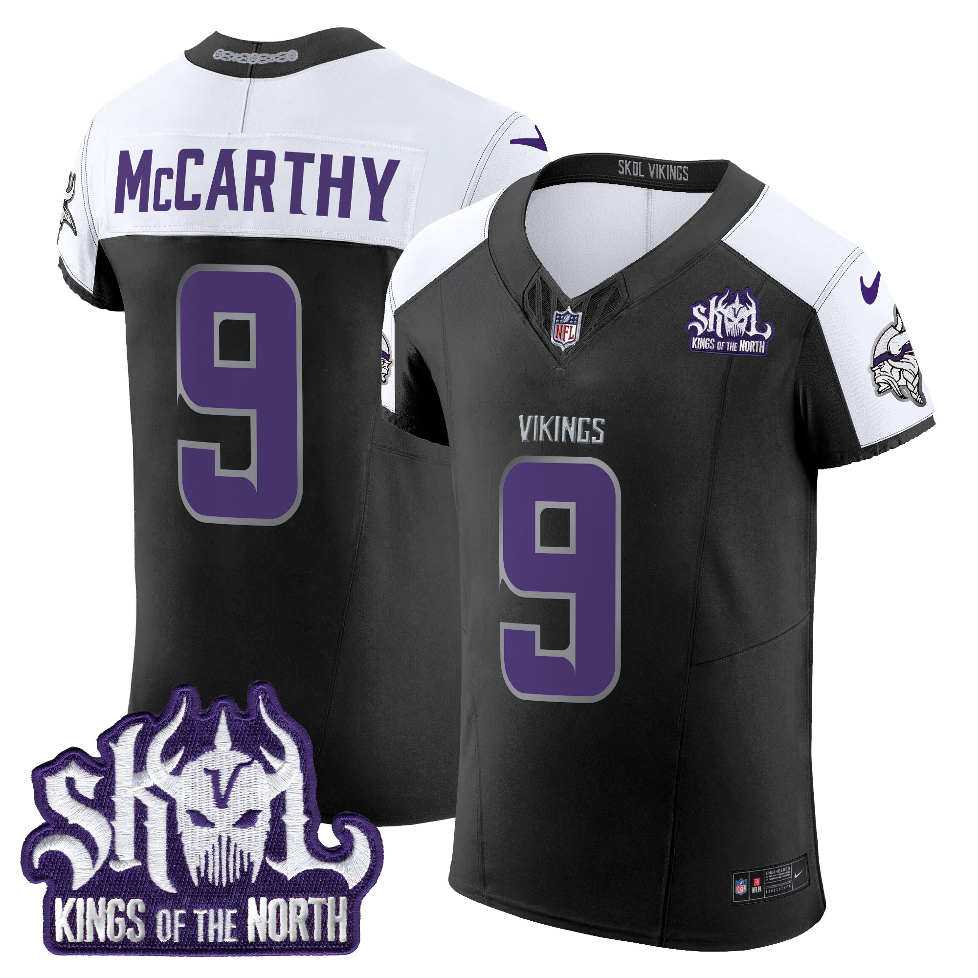 J.J. McCarthy Men's Minnesota Vikings 2024 Winter Warrior Skol Patch Vapor Elite Black Alternate Jersey - All Stitched