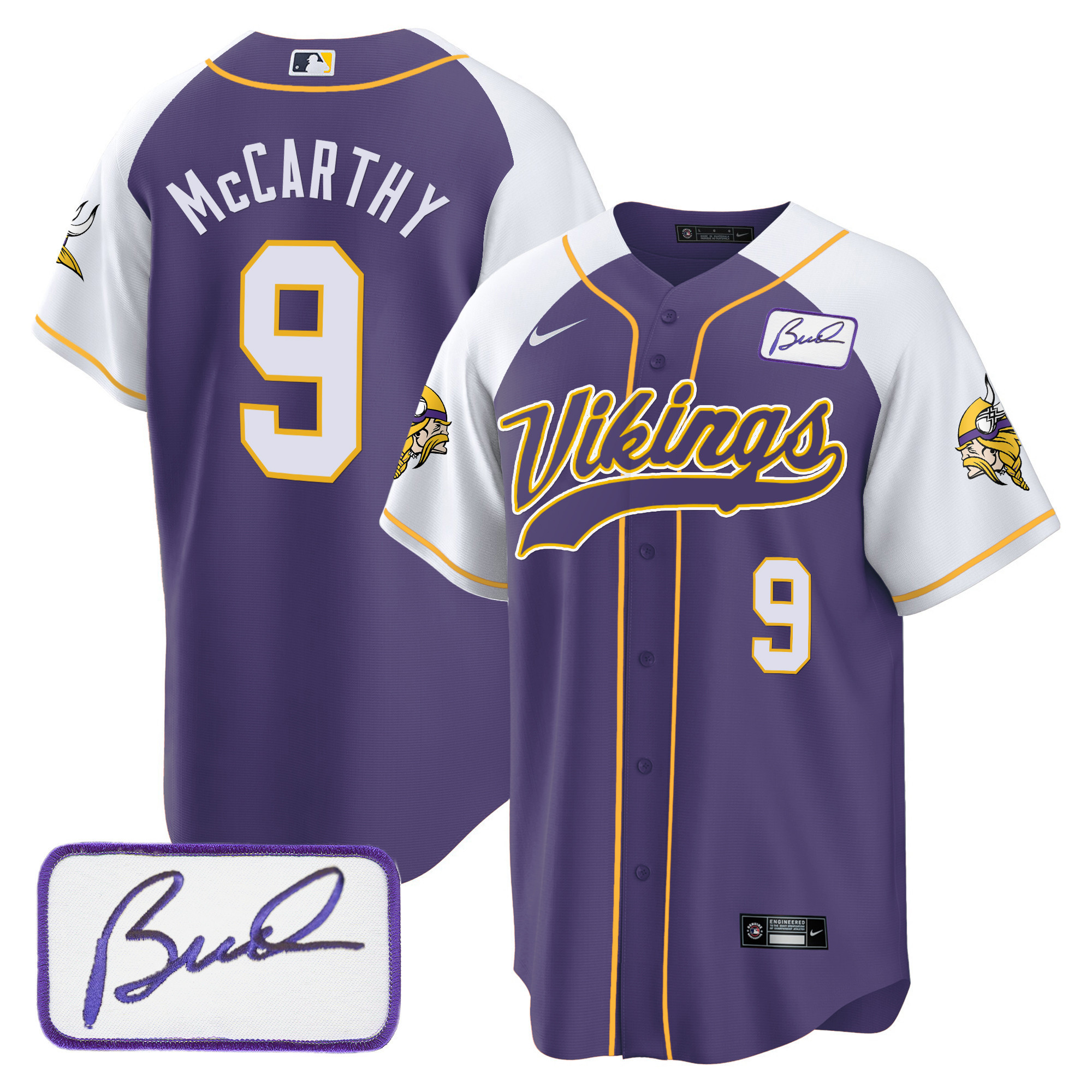 J.J. McCarthy Men's Minnesota Vikings Bud Grant Patch Classic Baseball Alternate Jersey - All Stitched