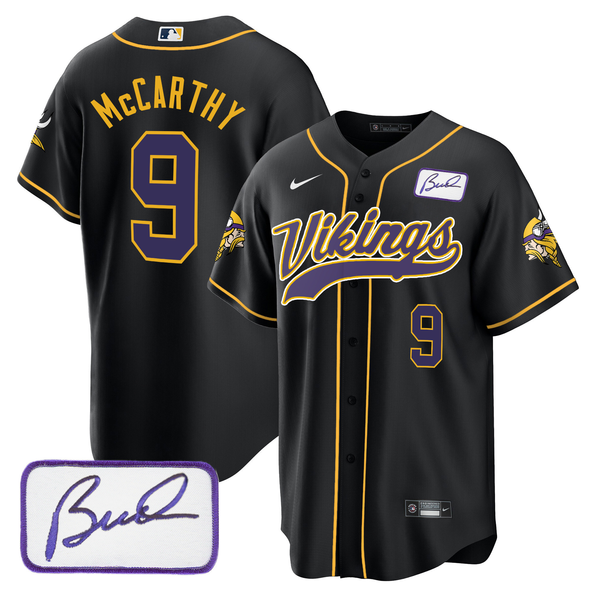 J.J. McCarthy Men's Minnesota Vikings Bud Grant Patch Classic Baseball Black Jersey - All Stitched