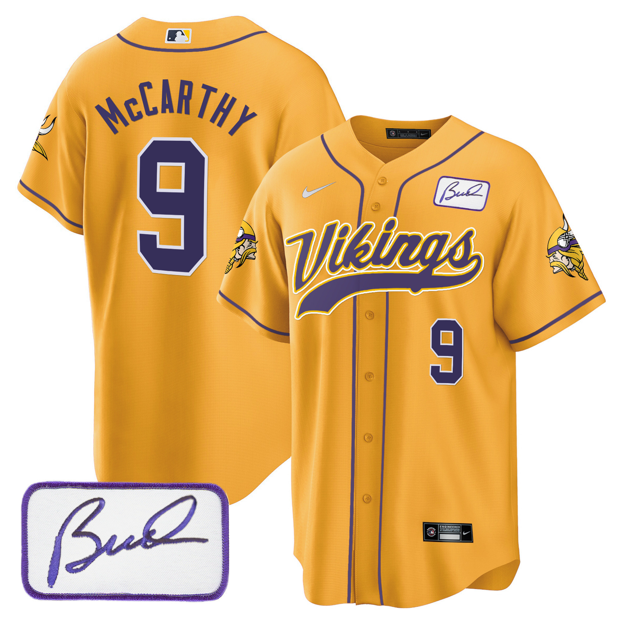 J.J. McCarthy Men's Minnesota Vikings Bud Grant Patch Classic Baseball Gold Jersey - All Stitched
