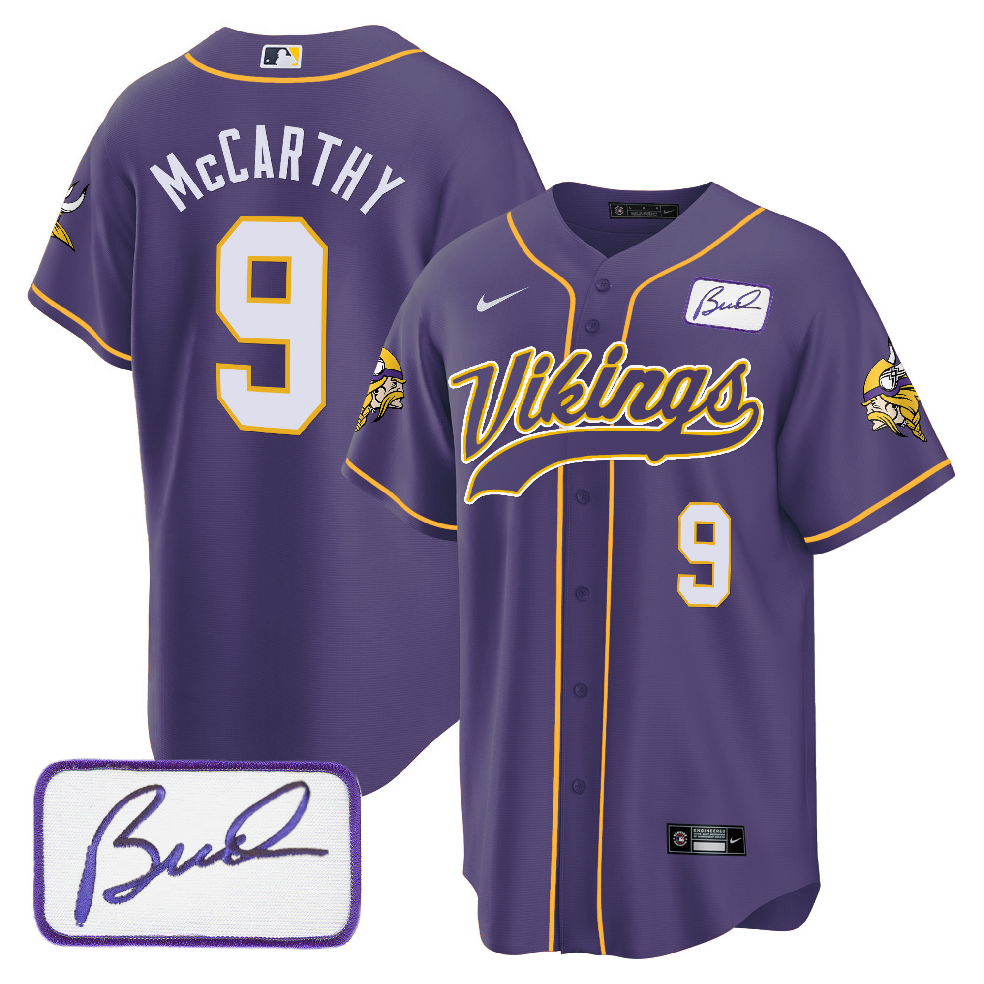 J.J. McCarthy Men's Minnesota Vikings Bud Grant Patch Classic Baseball Purple Jersey - All Stitched