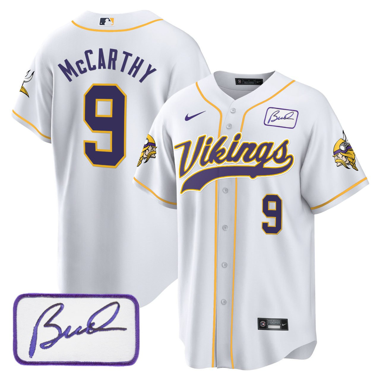 J.J. McCarthy Men's Minnesota Vikings Bud Grant Patch Classic Baseball White Jersey - All Stitched