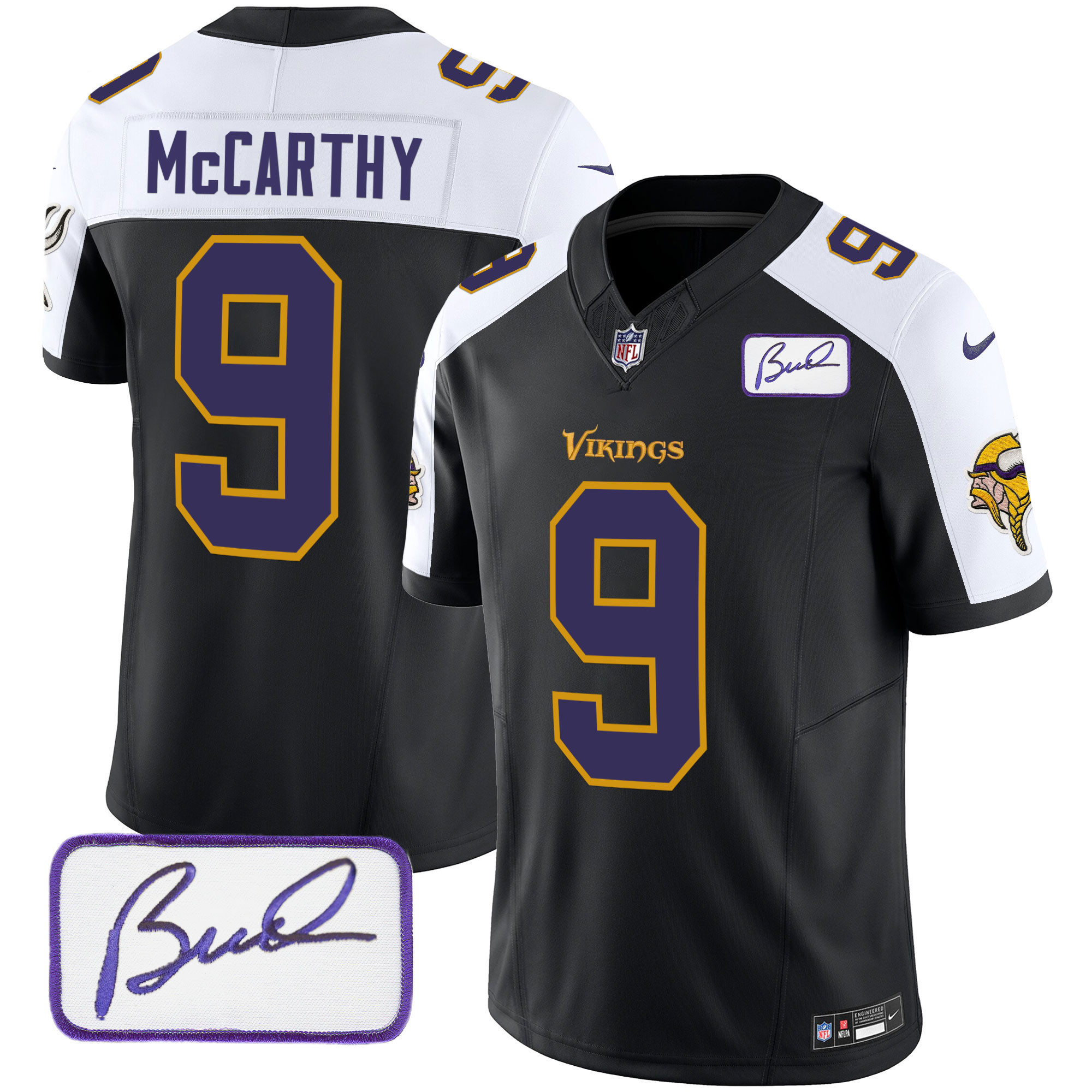 J.J. McCarthy Men's Minnesota Vikings Bud Grant Patch Classic Limited Black Alternate Jersey - All Stitched