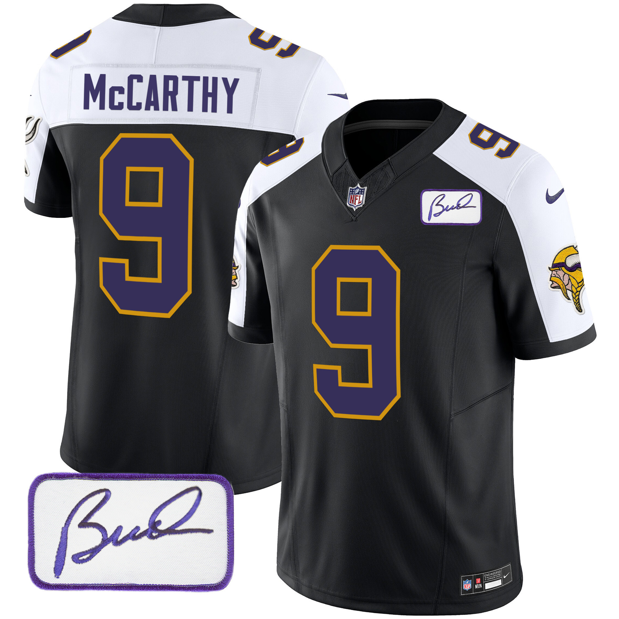 J.J. McCarthy Men's Minnesota Vikings Bud Grant Patch Classic Limited Black Alternate Jersey - All Stitched