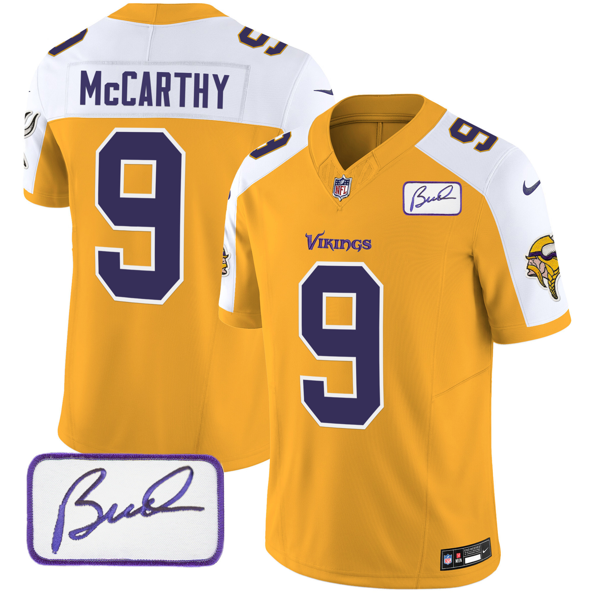 J.J. McCarthy Men's Minnesota Vikings Bud Grant Patch Classic Limited Gold Alternate Jersey - All Stitched