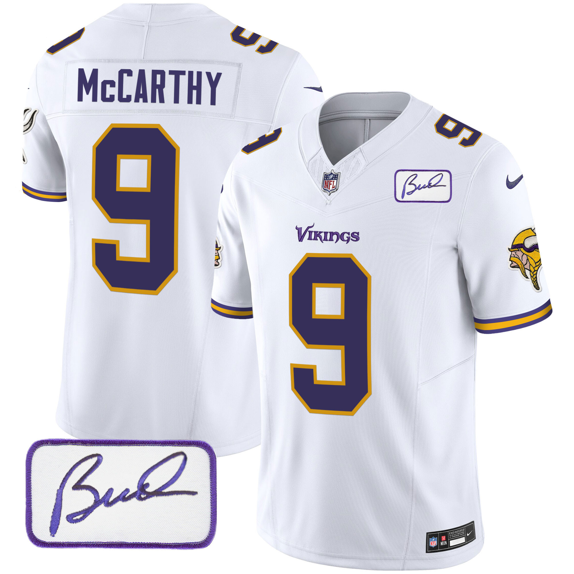 J.J. McCarthy Men's Minnesota Vikings Bud Grant Patch Classic Limited White Jersey - All Stitched