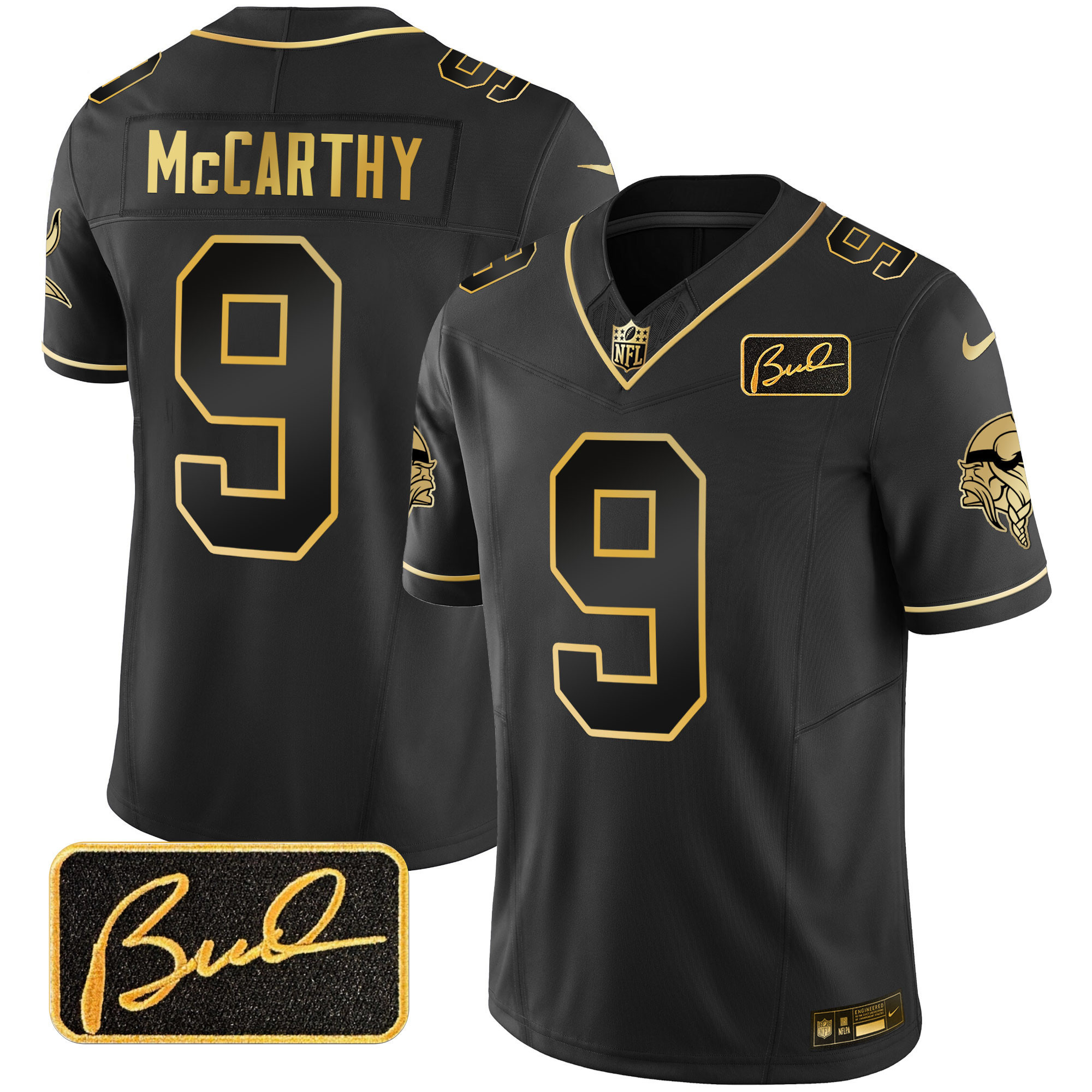 J.J. McCarthy Men's Minnesota Vikings Bud Grant Patch Gold Limited Black Gold Jersey - All Stitched