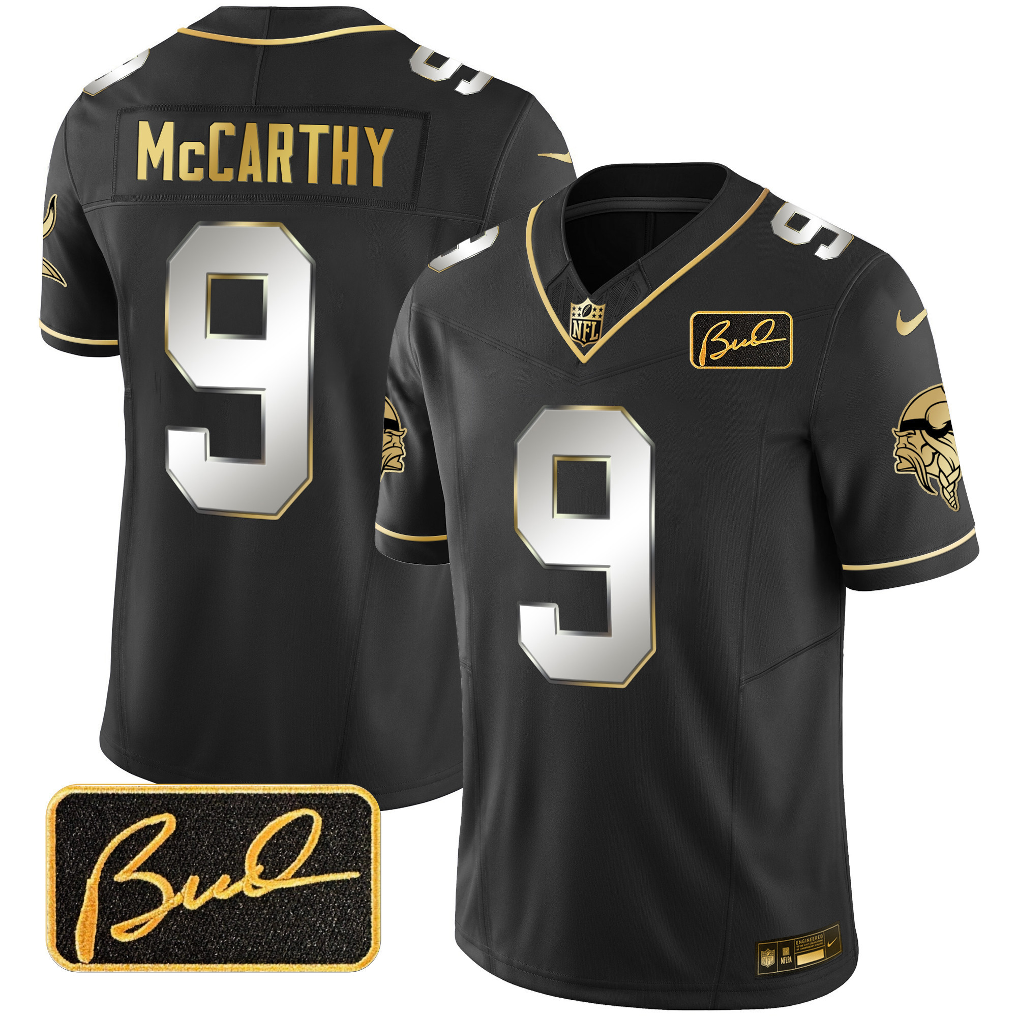 J.J. McCarthy Men's Minnesota Vikings Bud Grant Patch Gold Limited Black Limited Jersey - All Stitched