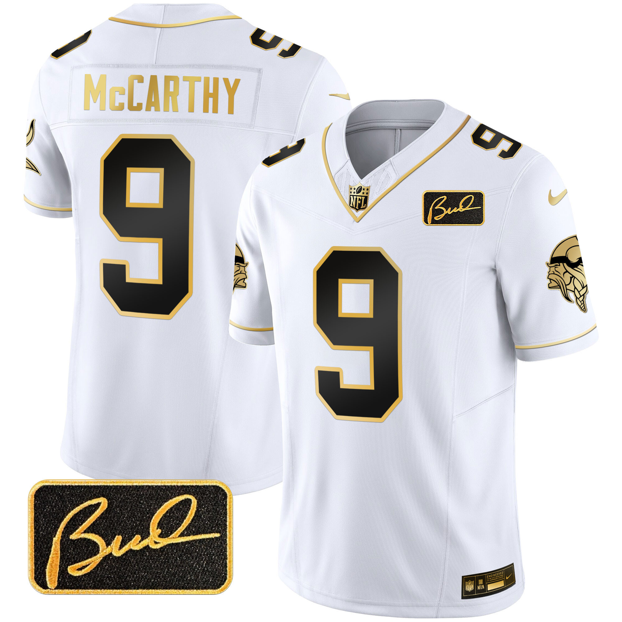 J.J. McCarthy Men's Minnesota Vikings Bud Grant Patch Gold Limited White Gold Jersey - All Stitched