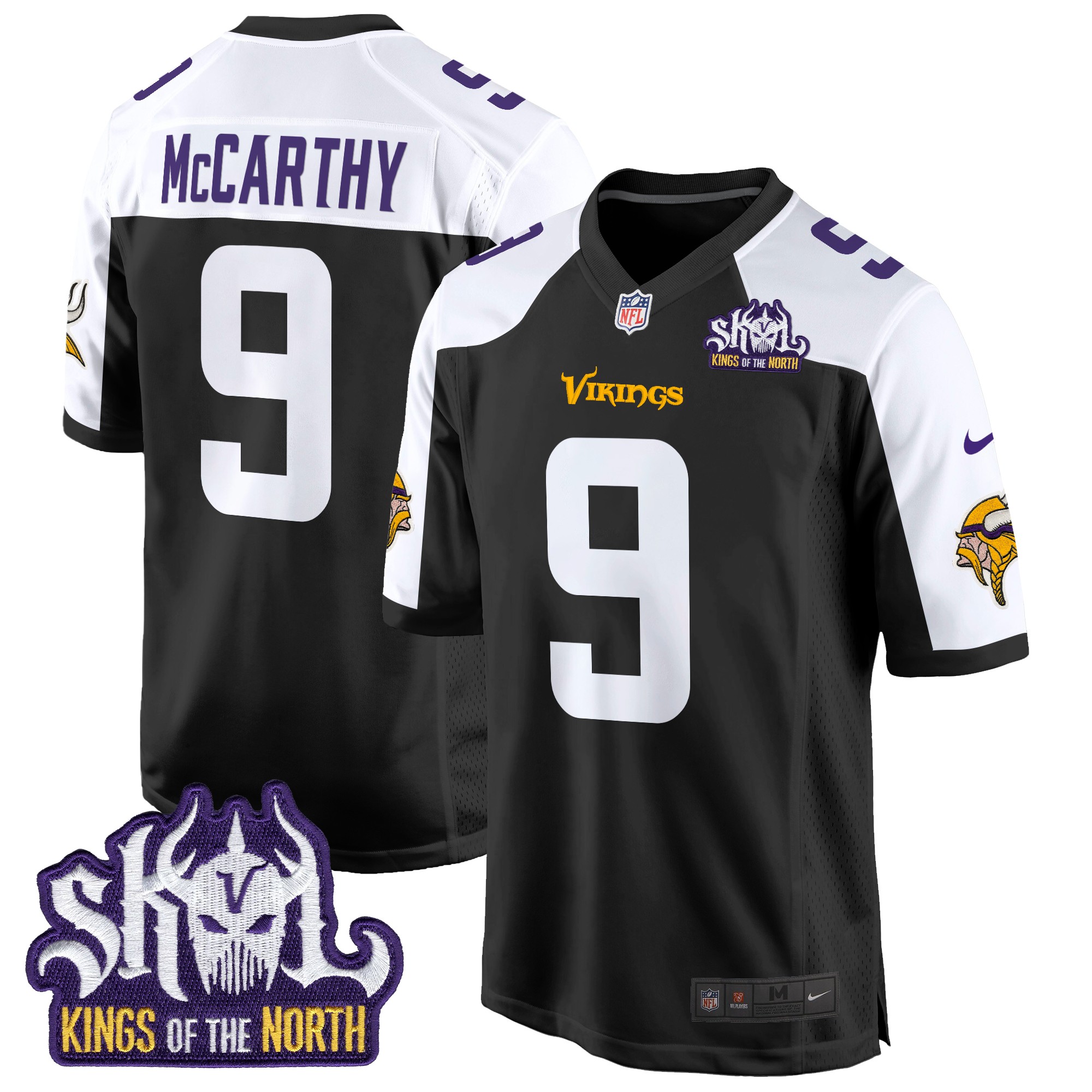 J.J. McCarthy Men's Minnesota Vikings King Of The North Patch Game Black Alternate Jersey - All Stitched
