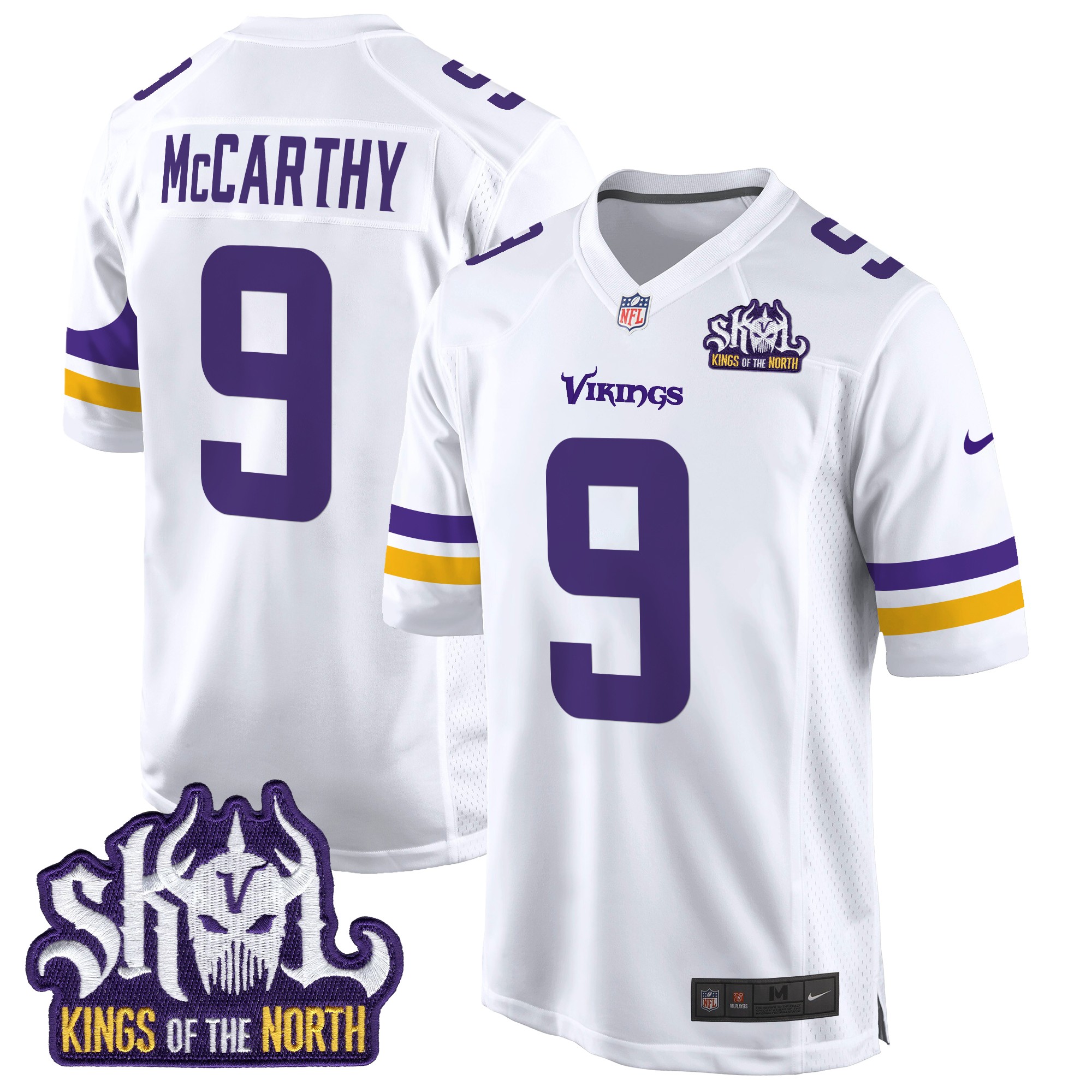 J.J. McCarthy Men's Minnesota Vikings King Of The North Patch Game White Jersey - All Stitched