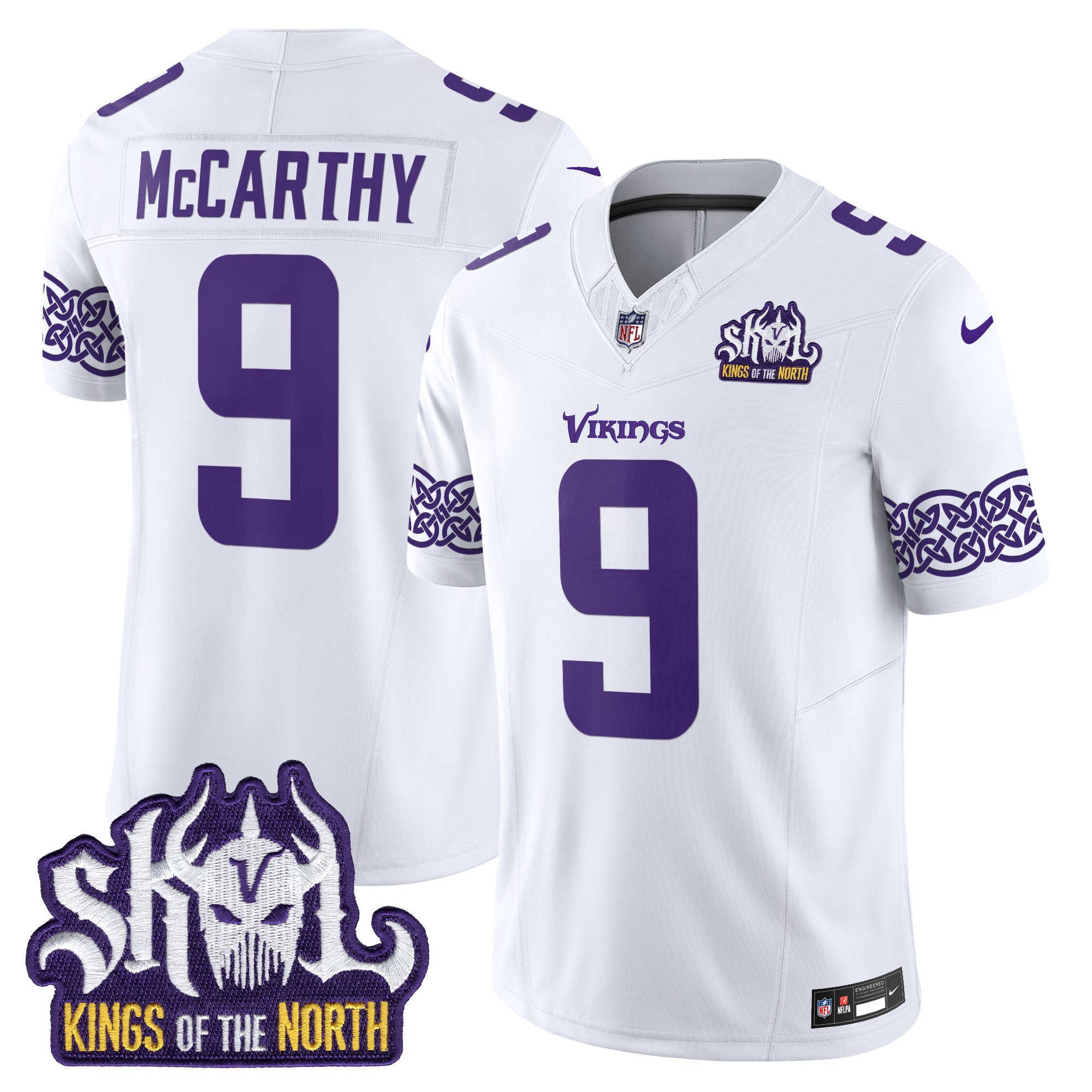 J.J. McCarthy Men's Minnesota Vikings Kings Of The North Patch Vapor Limited White Jersey - All Stitched