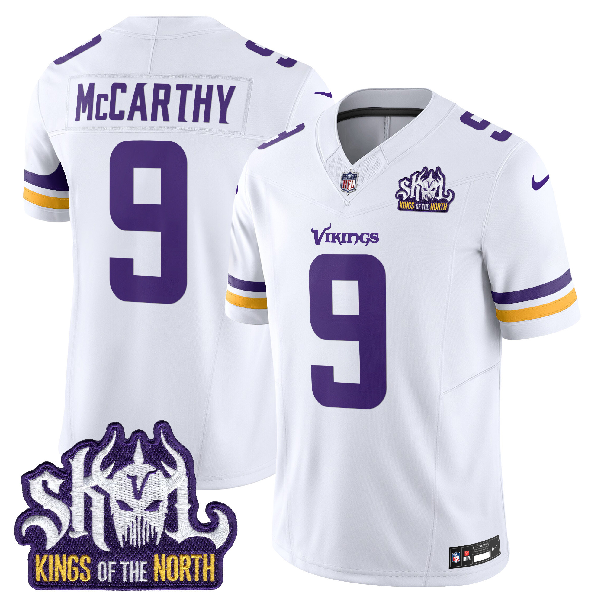 J.J. McCarthy Men's Minnesota Vikings Kings Of The North Patch Vapor Limited White Jersey - All Stitched