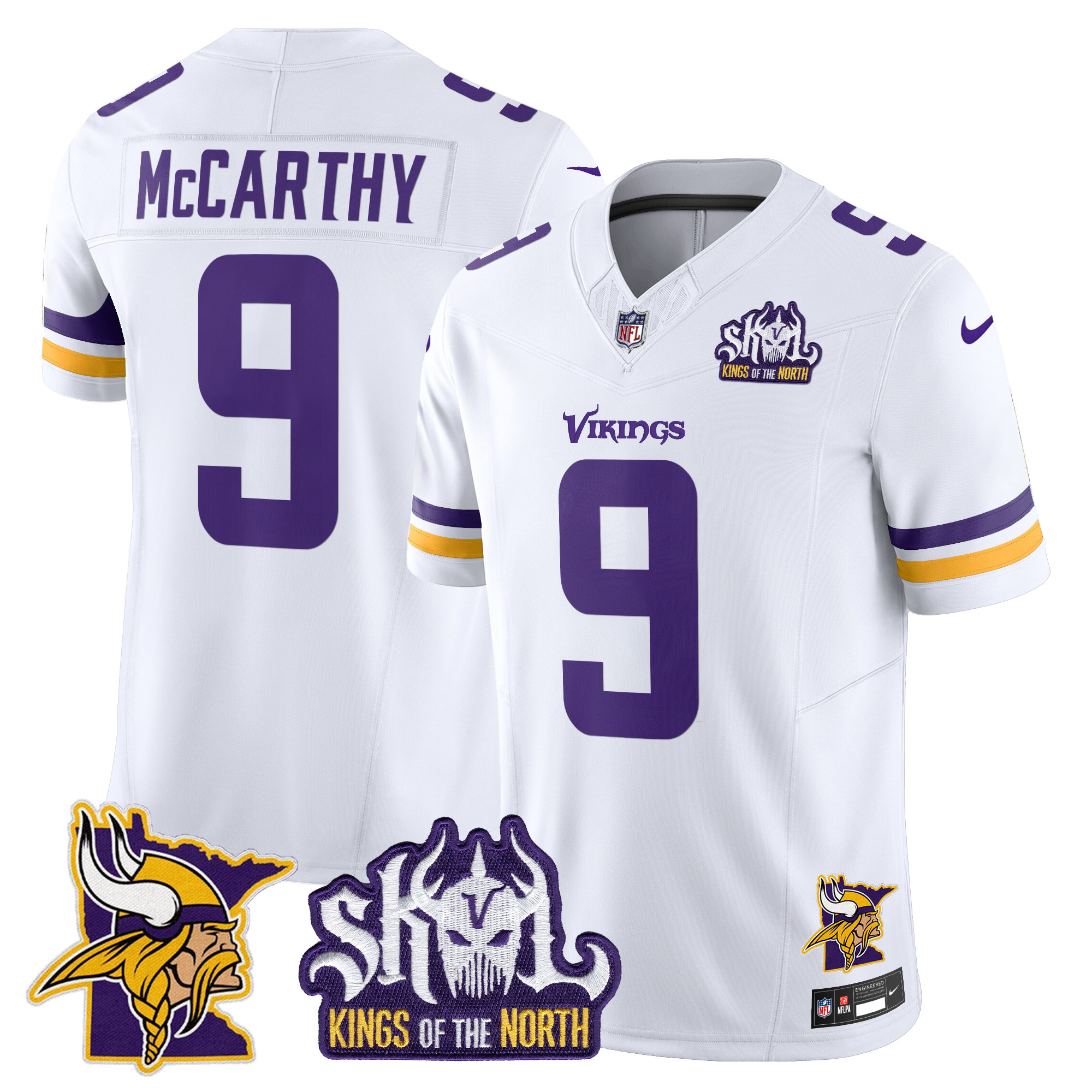 J.J. McCarthy Men's Minnesota Vikings Kings Of The North Patch Vapor Limited White Jersey - All Stitched