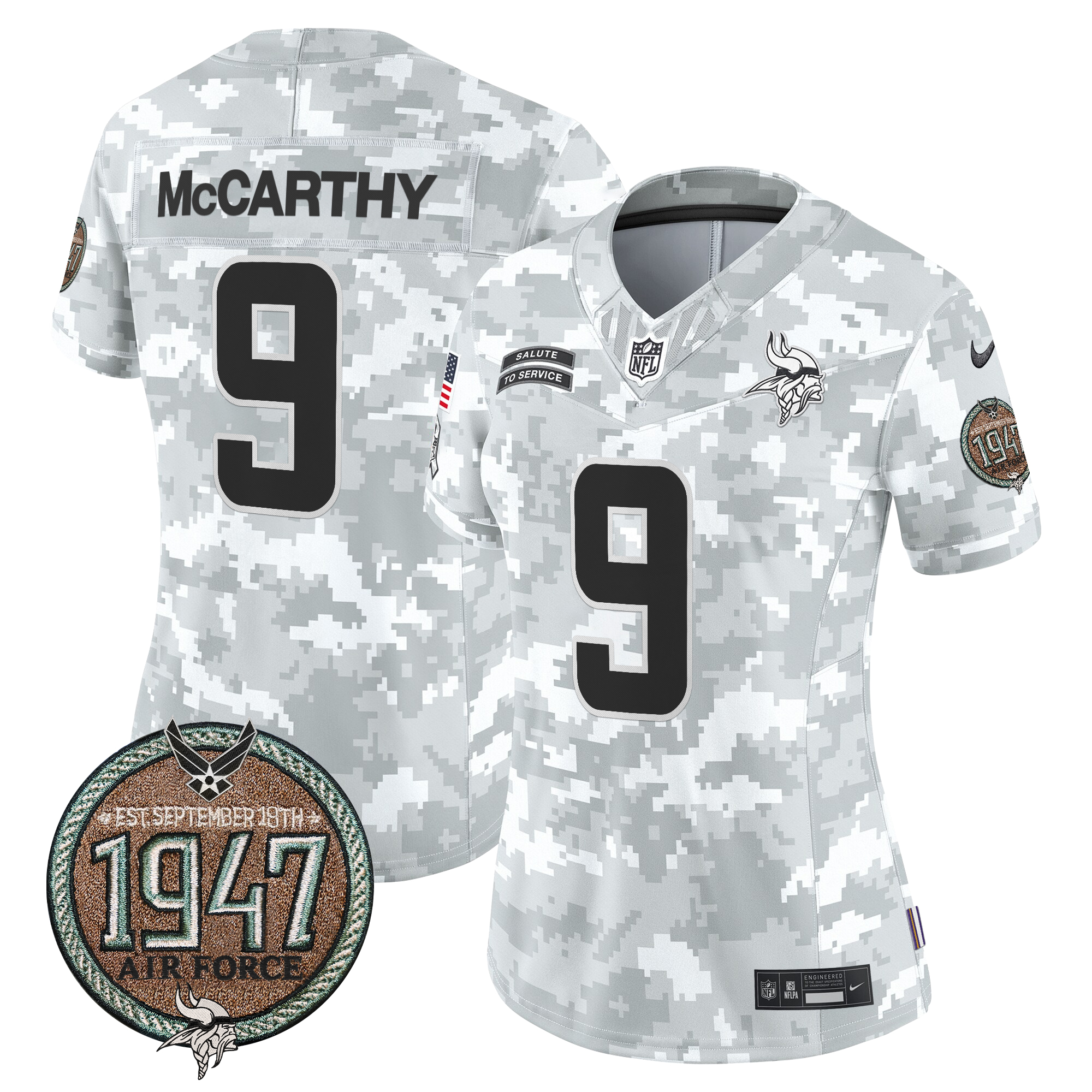 J.J. McCarthy Women's Minnesota Vikings 2024 Salute to Service Establishment Year Patch Vapor Limited Air Force Jersey - All Stitched