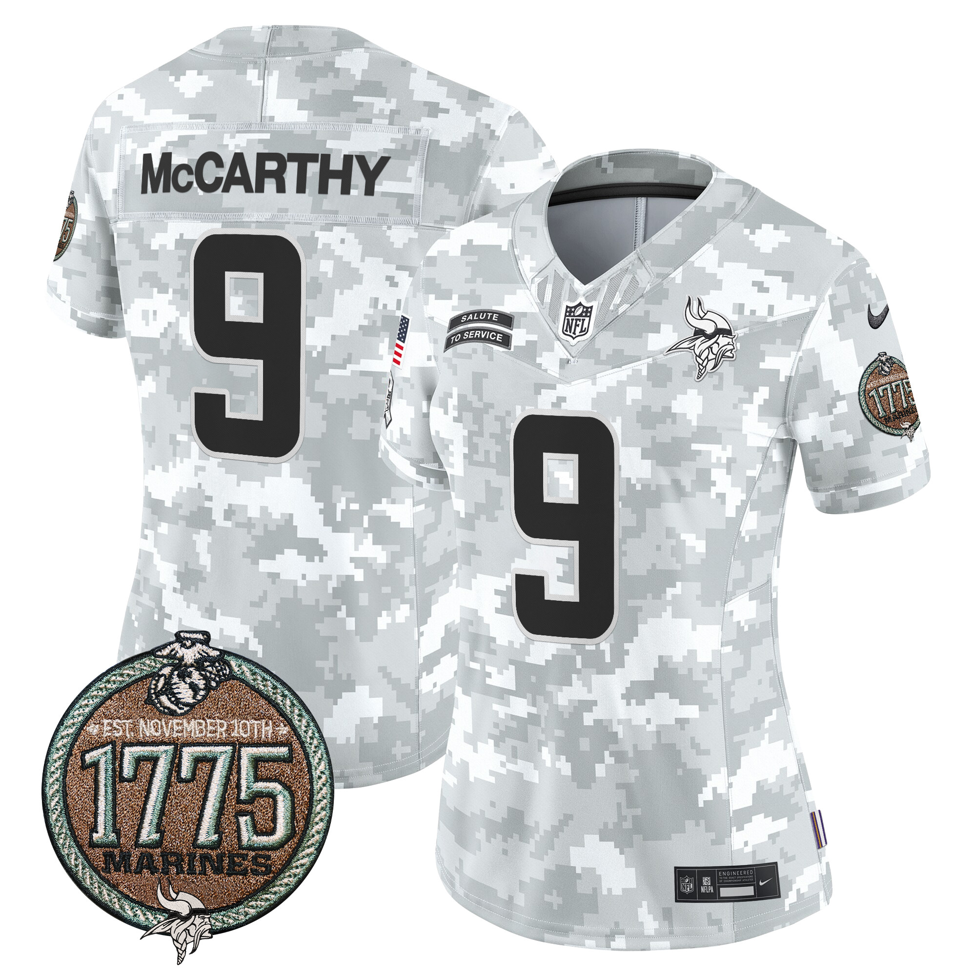 J.J. McCarthy Women's Minnesota Vikings 2024 Salute to Service Establishment Year Patch Vapor Limited Marines Jersey - All Stitched