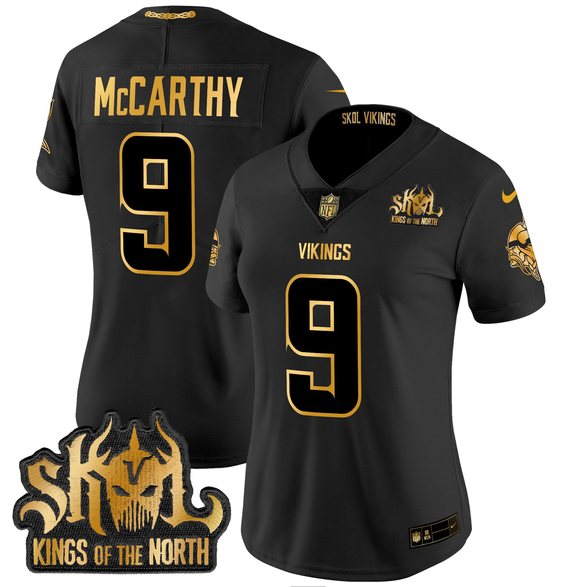J.J. McCarthy Women's Minnesota Vikings 2024 Winter Warrior Skol Patch Gold Vapor Limited Black Gold Jersey - All Stitched